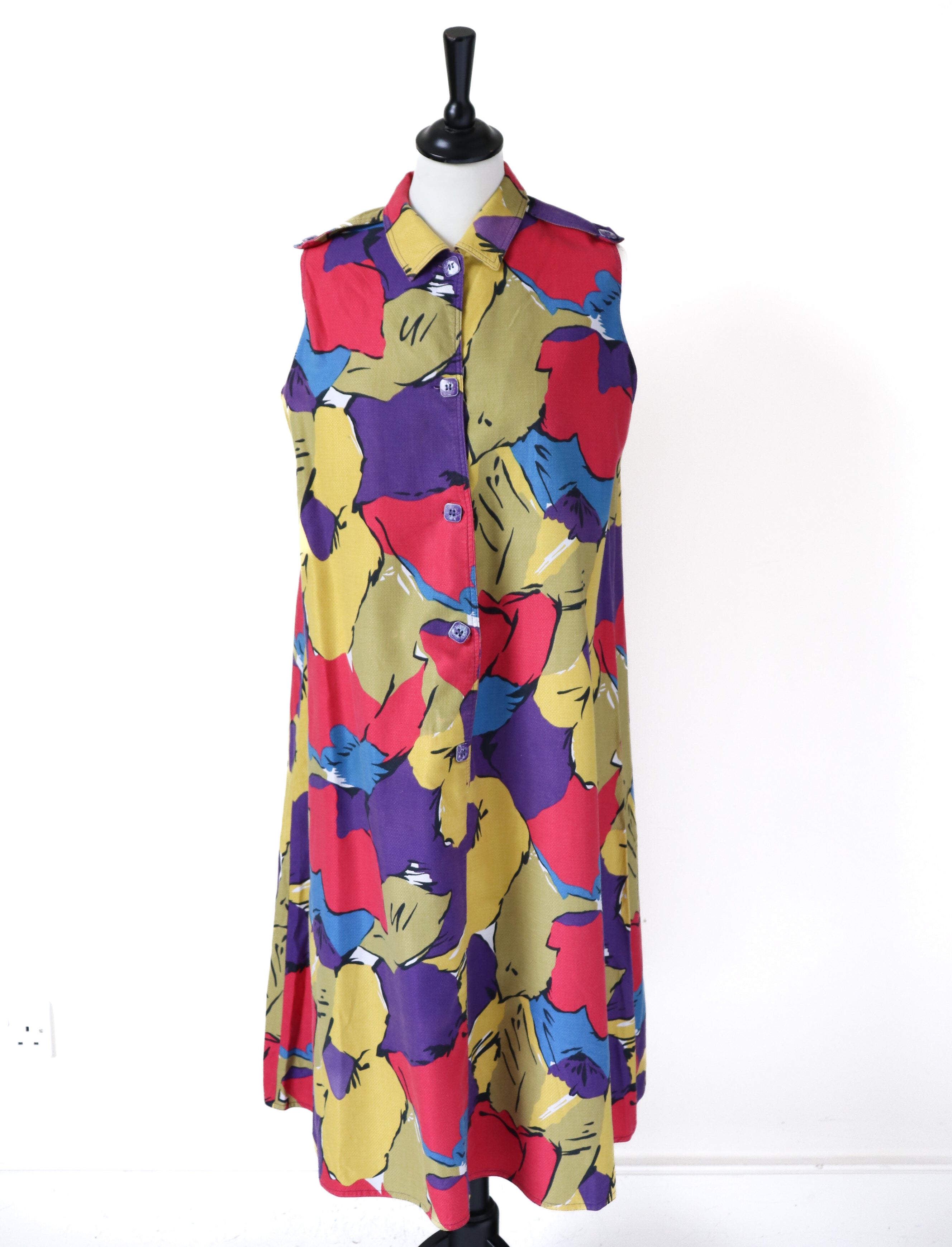 Vintage A-Line Cotton Sleeveless  Dress - 1980s Summer Pattern - Fit L / UK 14