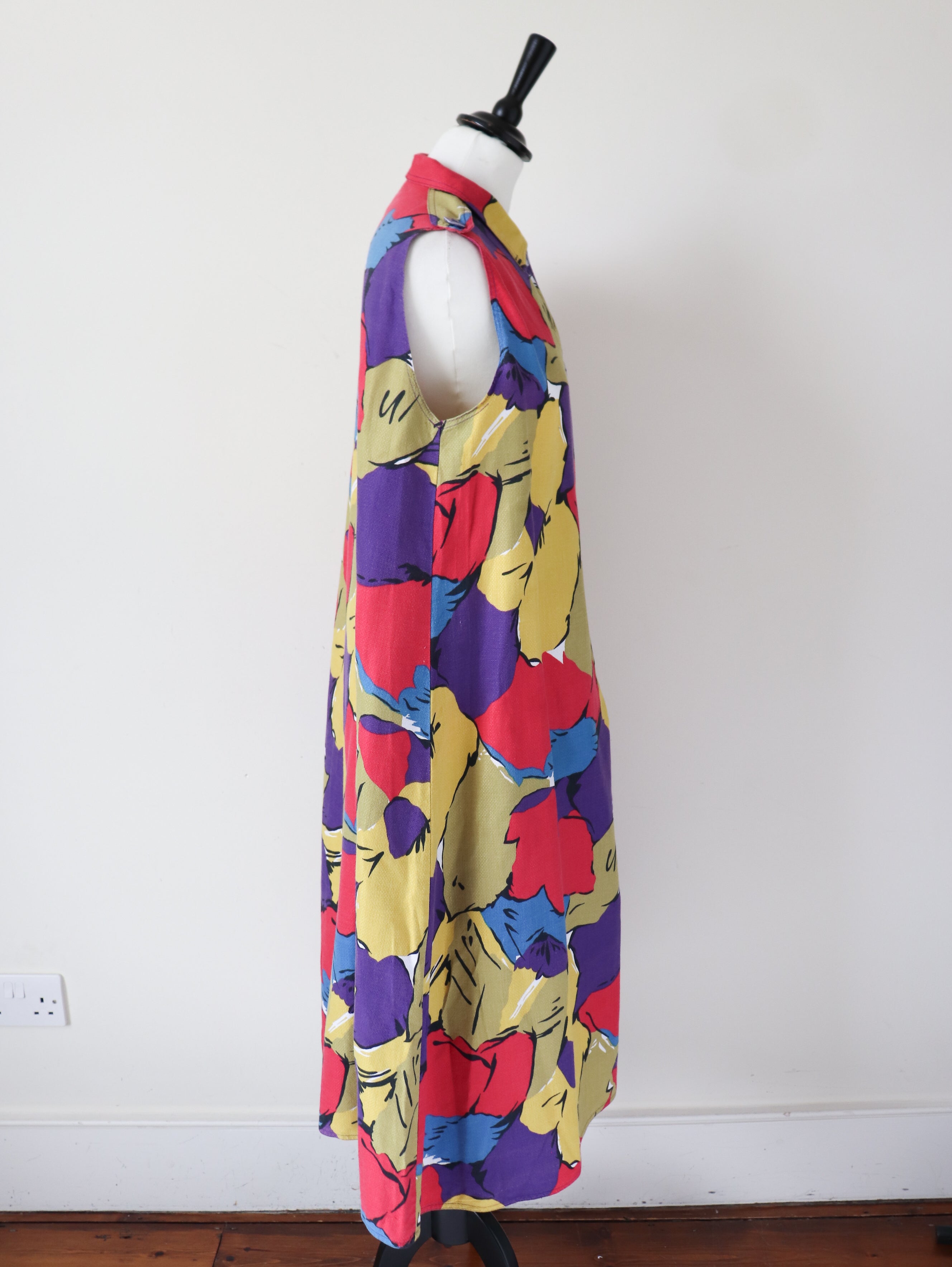 Vintage A-Line Cotton Sleeveless  Dress - 1980s Summer Pattern - Fit L / UK 14