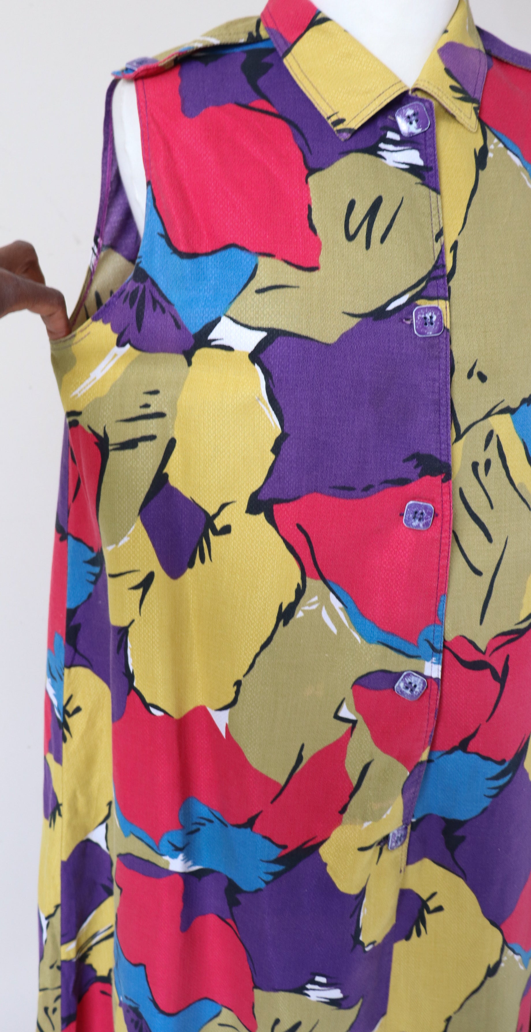 Vintage A-Line Cotton Sleeveless  Dress - 1980s Summer Pattern - Fit L / UK 14