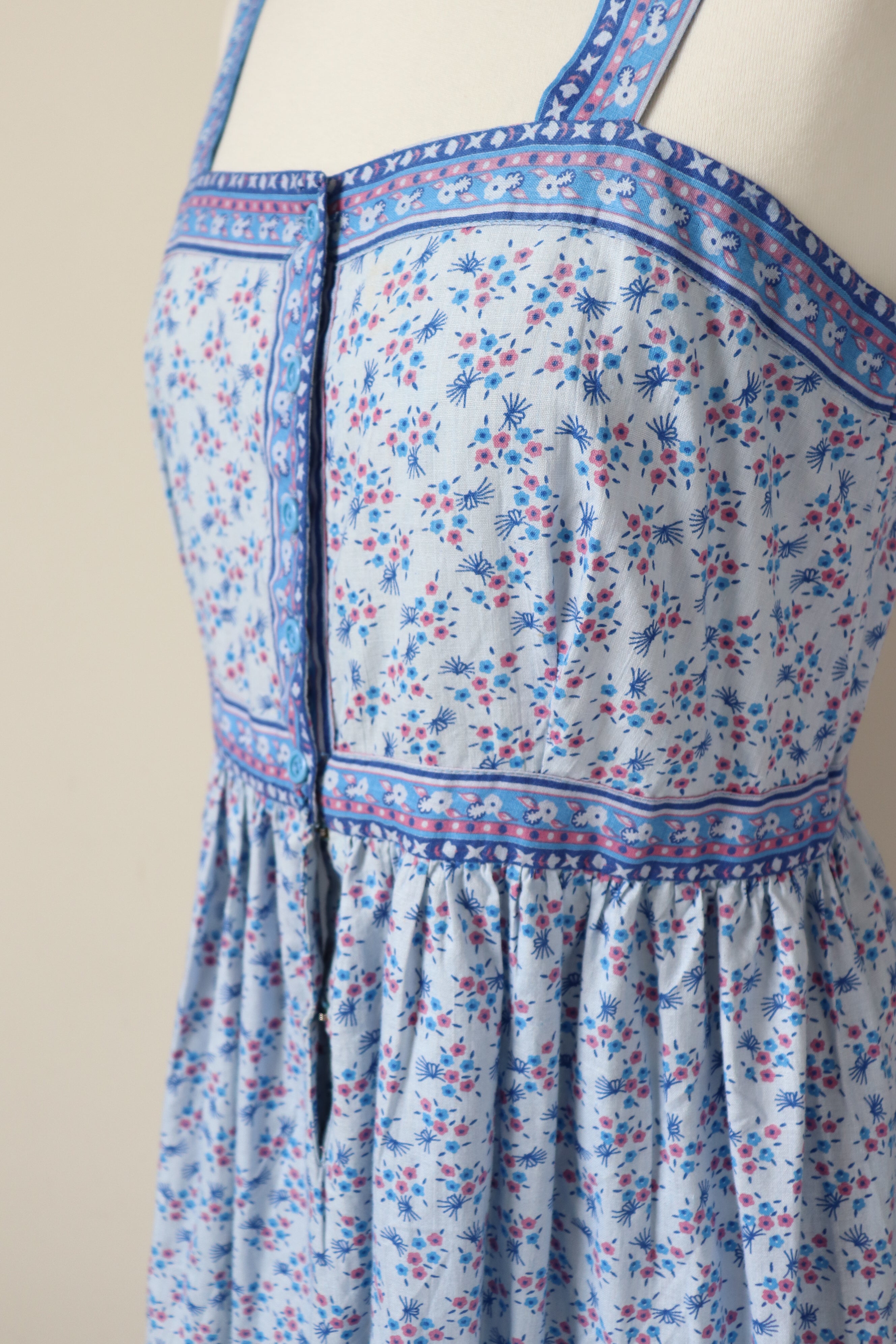 Vintage Indian Block Print Cotton Dress - Light Blue - XXS  / UK 6