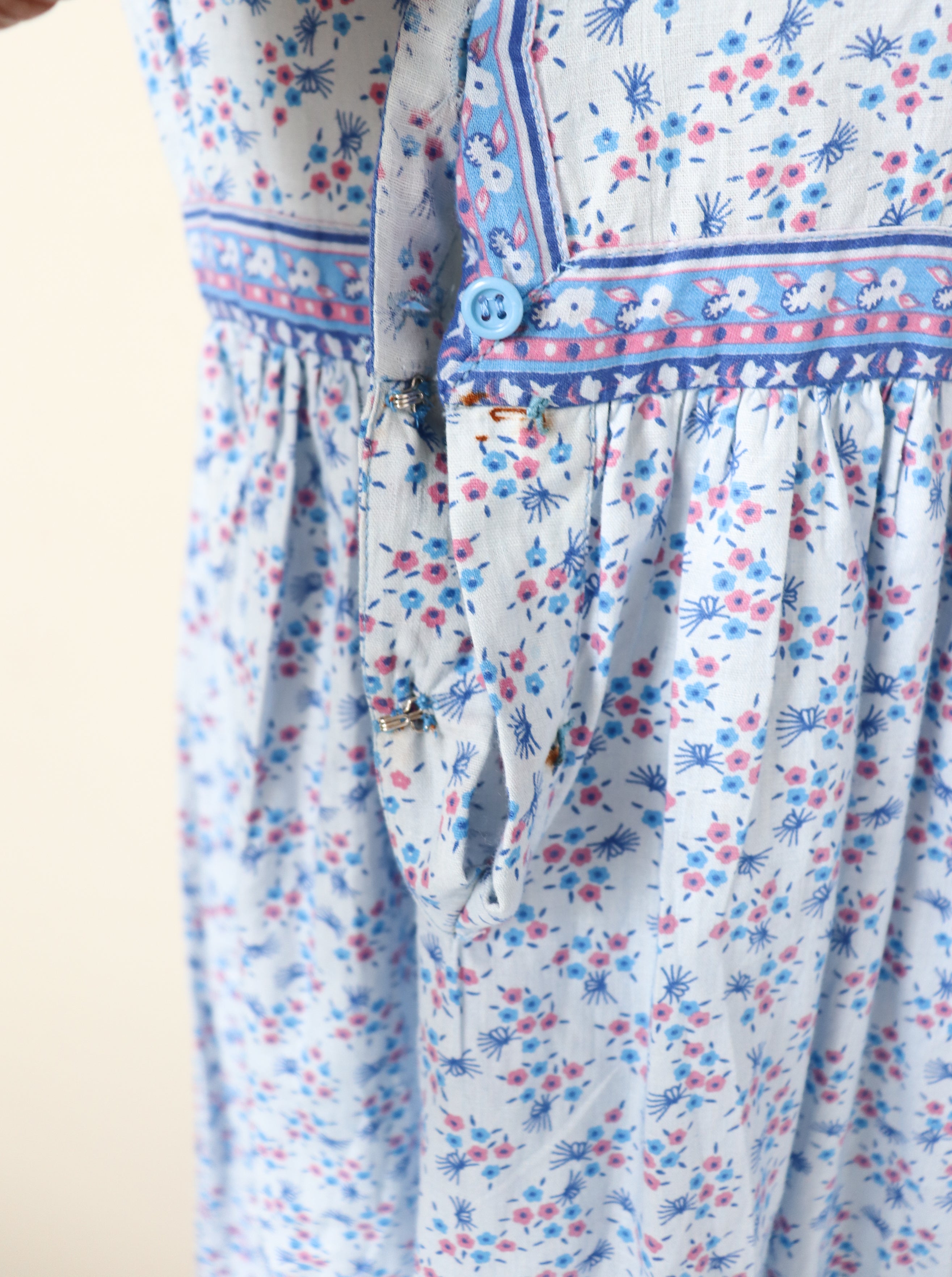 Vintage Indian Block Print Cotton Dress - Light Blue - XXS  / UK 6