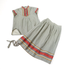 Vintage Cotton Peasant Blouse / Skirt Suit - Patterned - Fit XXS / UK 6 / 8