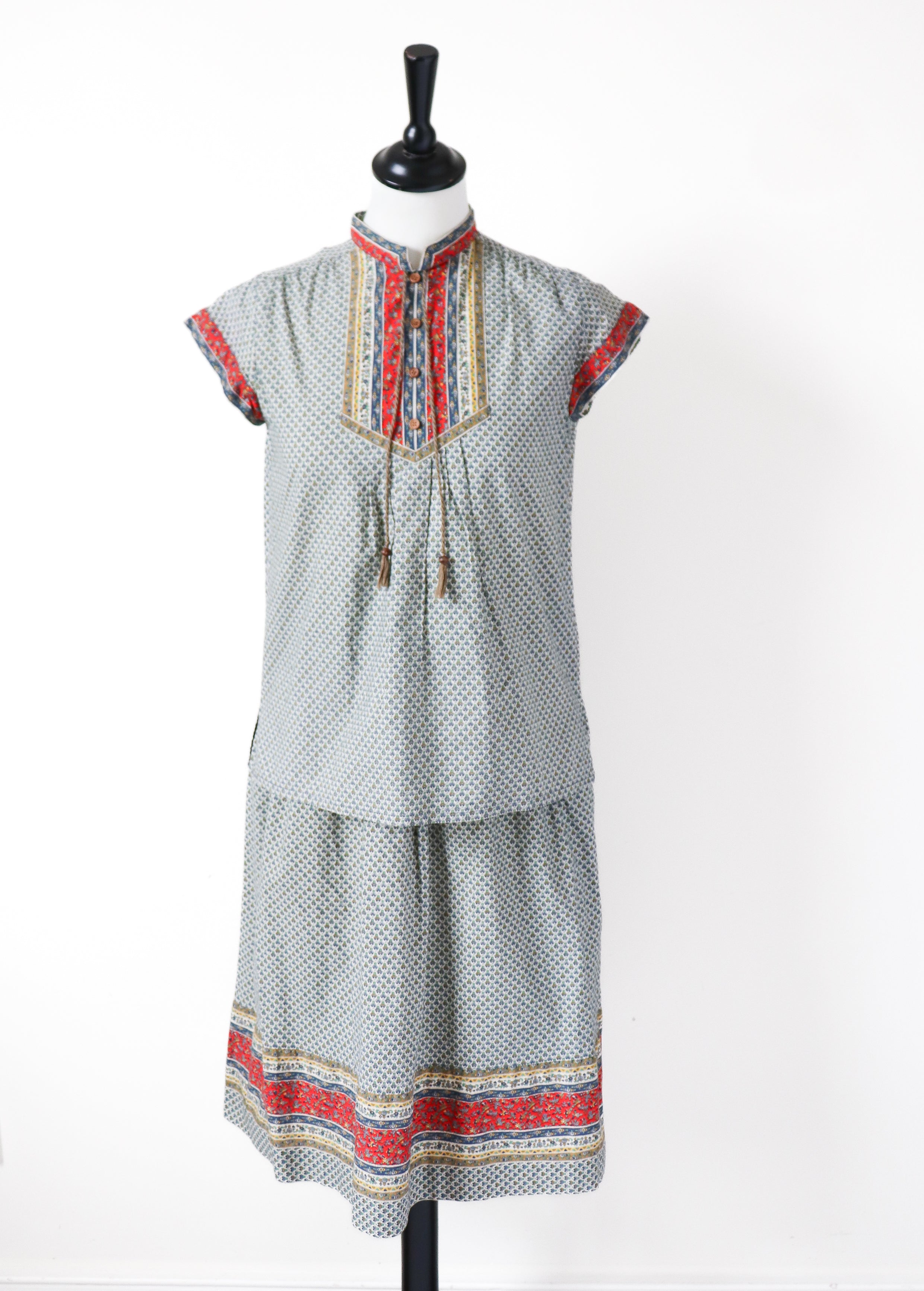 Vintage Cotton Peasant Blouse / Skirt Suit - Patterned - Fit XXS / UK 6 / 8