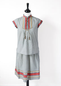 Vintage Cotton Peasant Blouse / Skirt Suit - Patterned - Fit XXS / UK 6 / 8