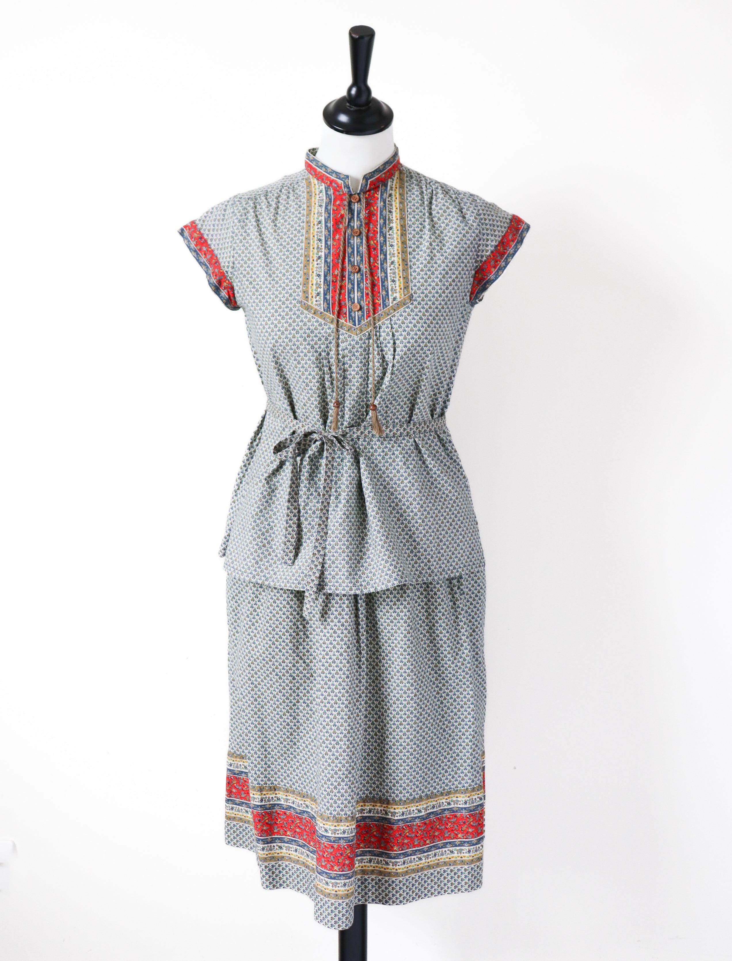Vintage Cotton Peasant Blouse / Skirt Suit - Patterned - Fit XXS / UK 6 / 8