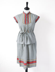 Vintage Cotton Peasant Blouse / Skirt Suit - Patterned - Fit XXS / UK 6 / 8