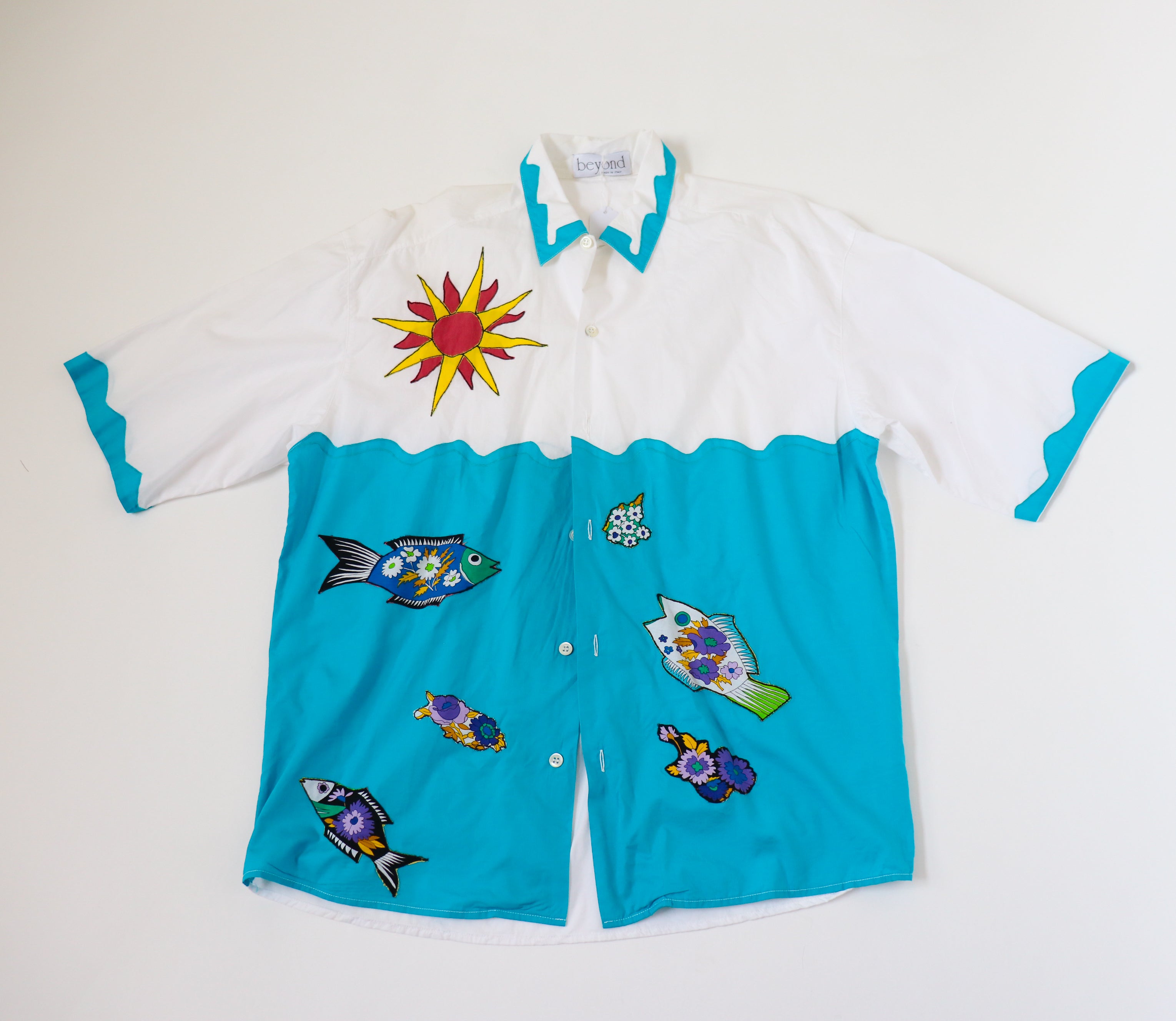 Cotton Oversized Shirt - Blue / White Appliqué  - Short Sleeves  - Fit L / UK 14