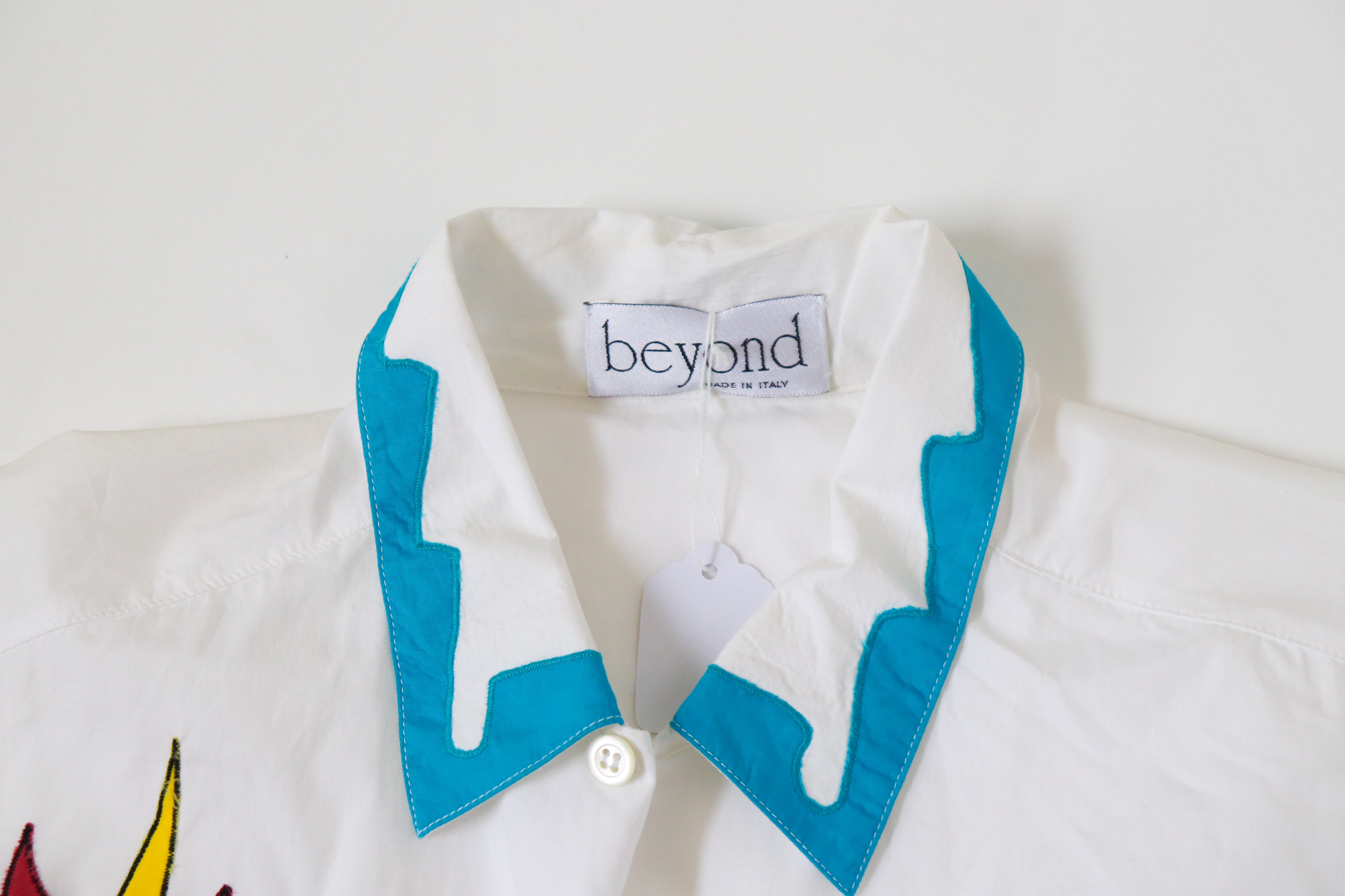 Cotton Oversized Shirt - Blue / White Appliqué  - Short Sleeves  - Fit L / UK 14