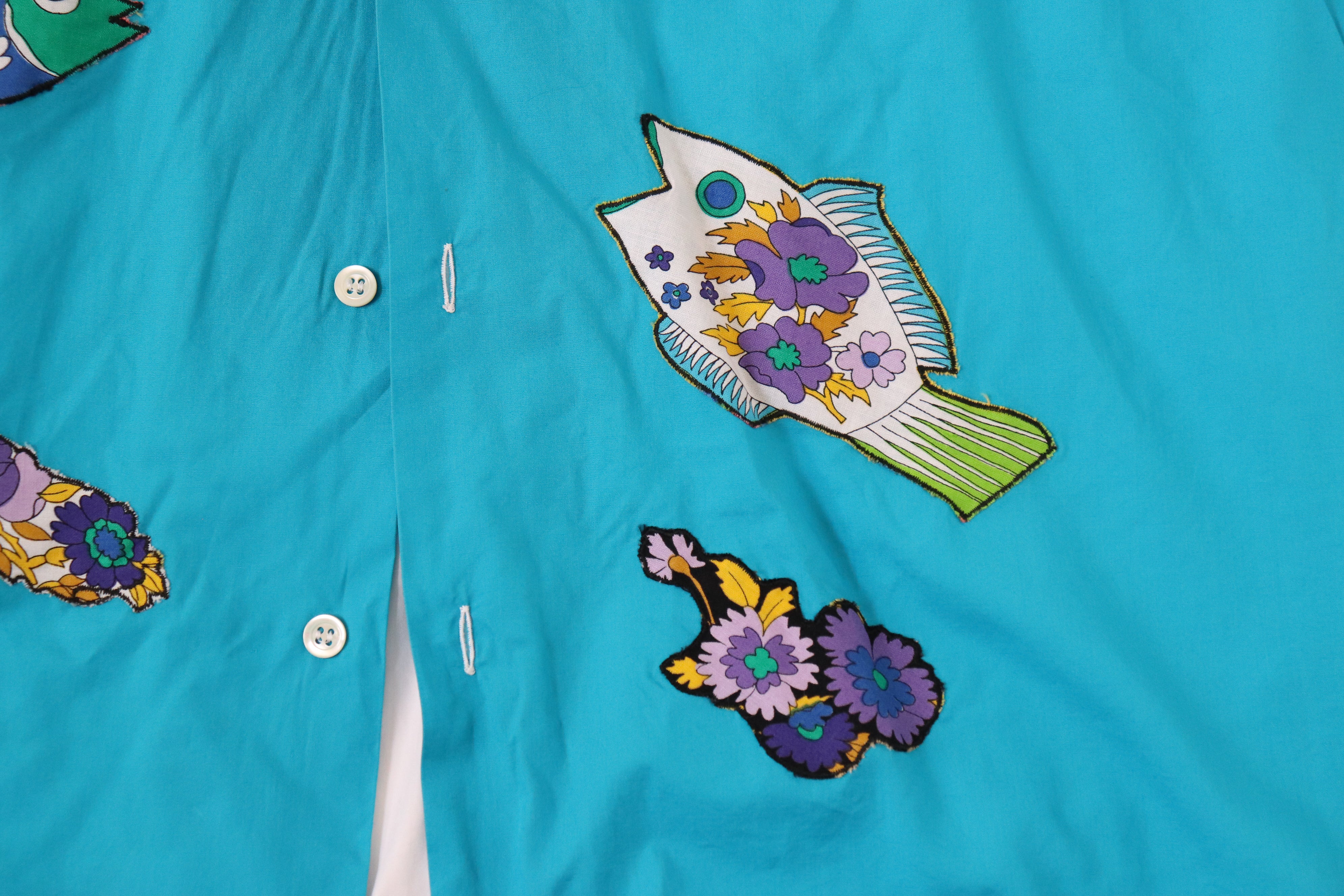 Cotton Oversized Shirt - Blue / White Appliqué  - Short Sleeves  - Fit L / UK 14