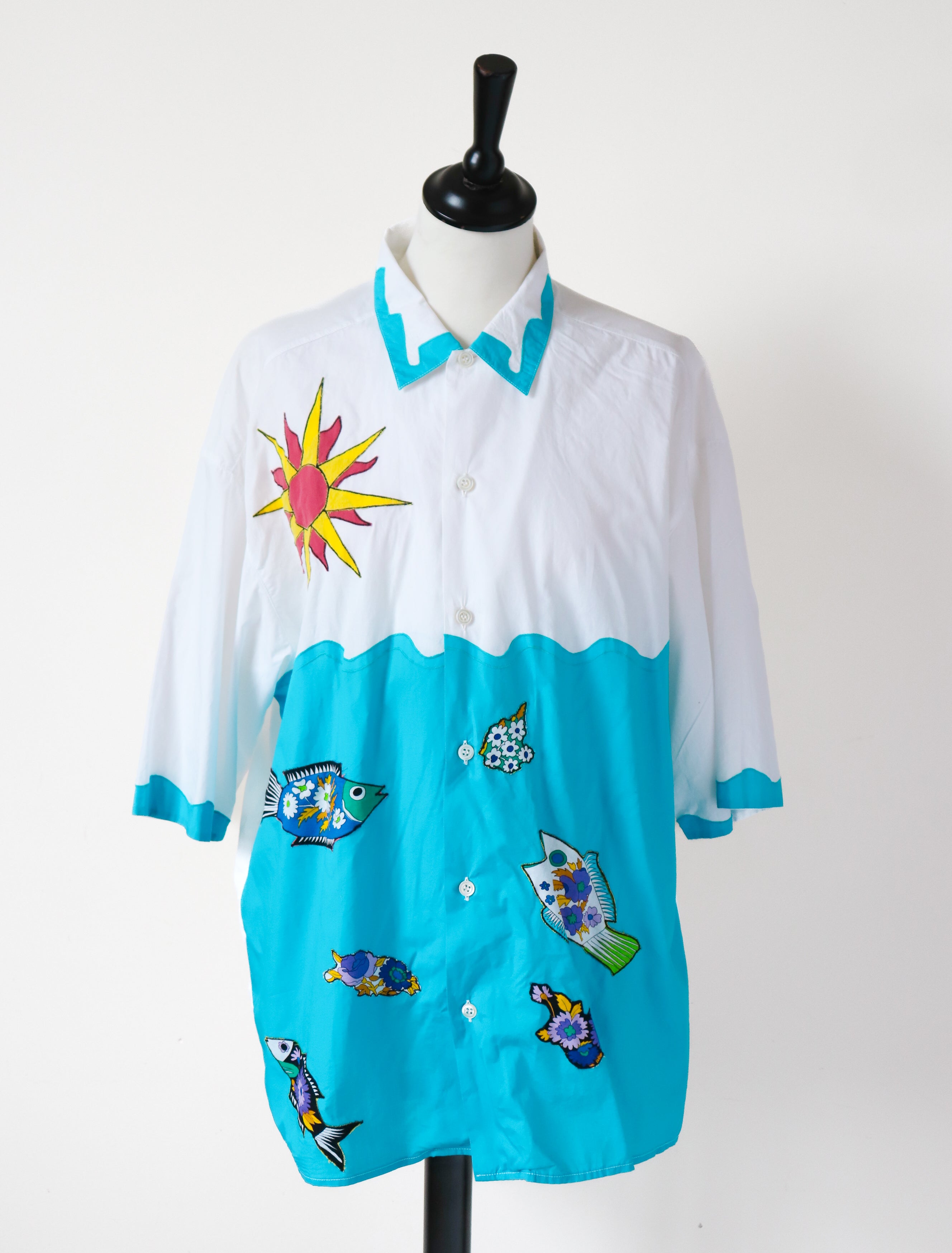Cotton Oversized Shirt - Blue / White Appliqué  - Short Sleeves  - Fit L / UK 14