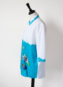Cotton Oversized Shirt - Blue / White Appliqué  - Short Sleeves  - Fit L / UK 14