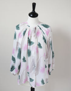 Tucker Silk Blouse - Cream / Pink / Green  - Label S-  Fit L / UK 14