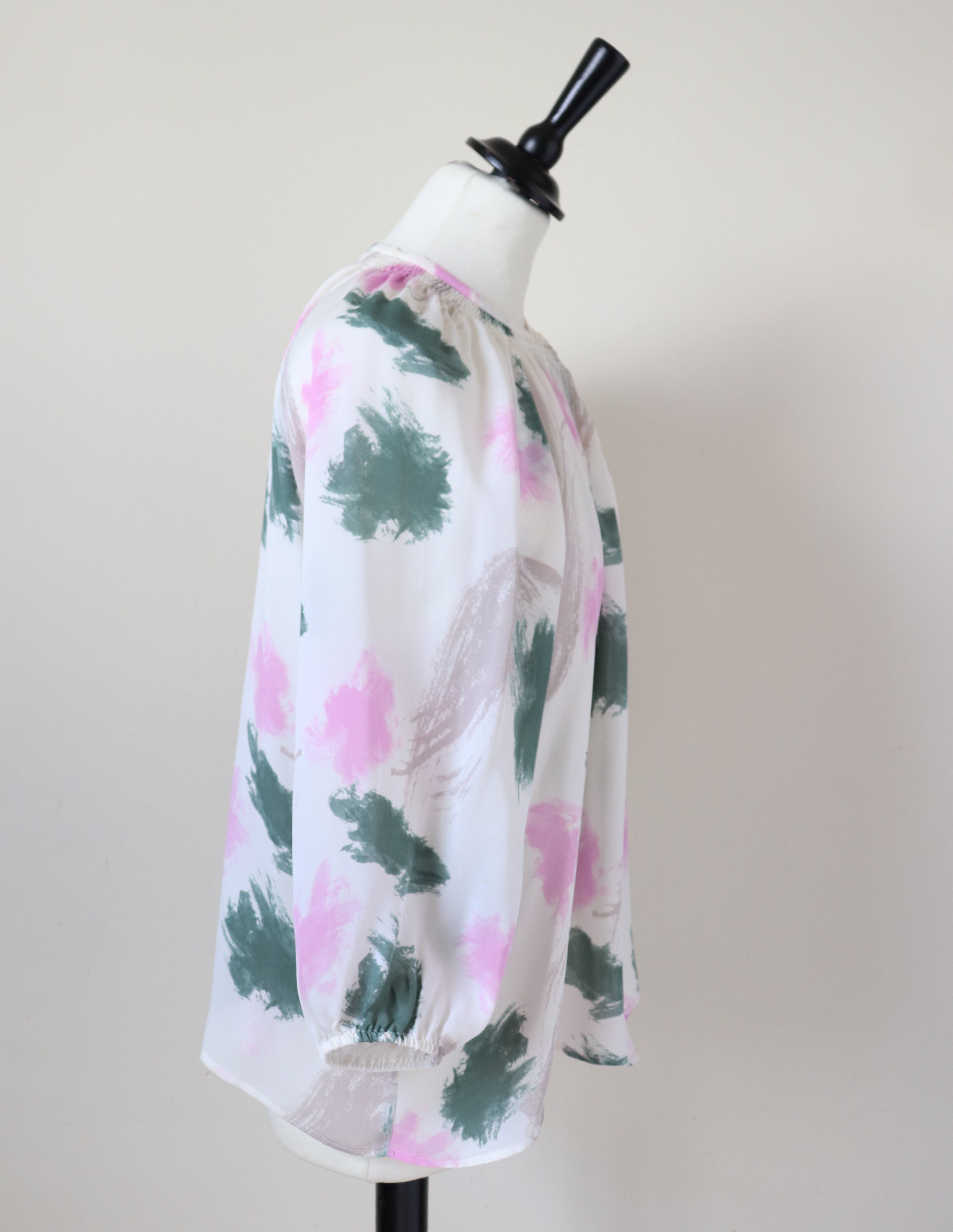 Tucker Silk Blouse - Cream / Pink / Green  - Label S-  Fit L / UK 14