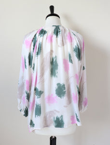 Tucker Silk Blouse - Cream / Pink / Green  - Label S-  Fit L / UK 14