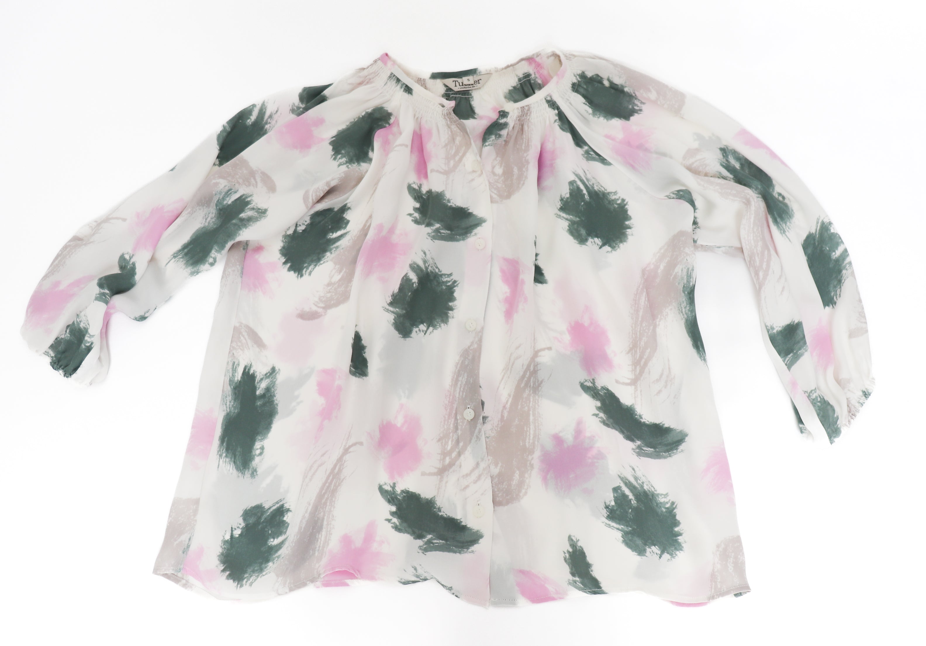Tucker Silk Blouse - Cream / Pink / Green  - Label S-  Fit L / UK 14