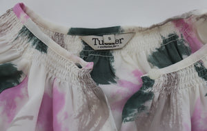 Tucker Silk Blouse - Cream / Pink / Green  - Label S-  Fit L / UK 14