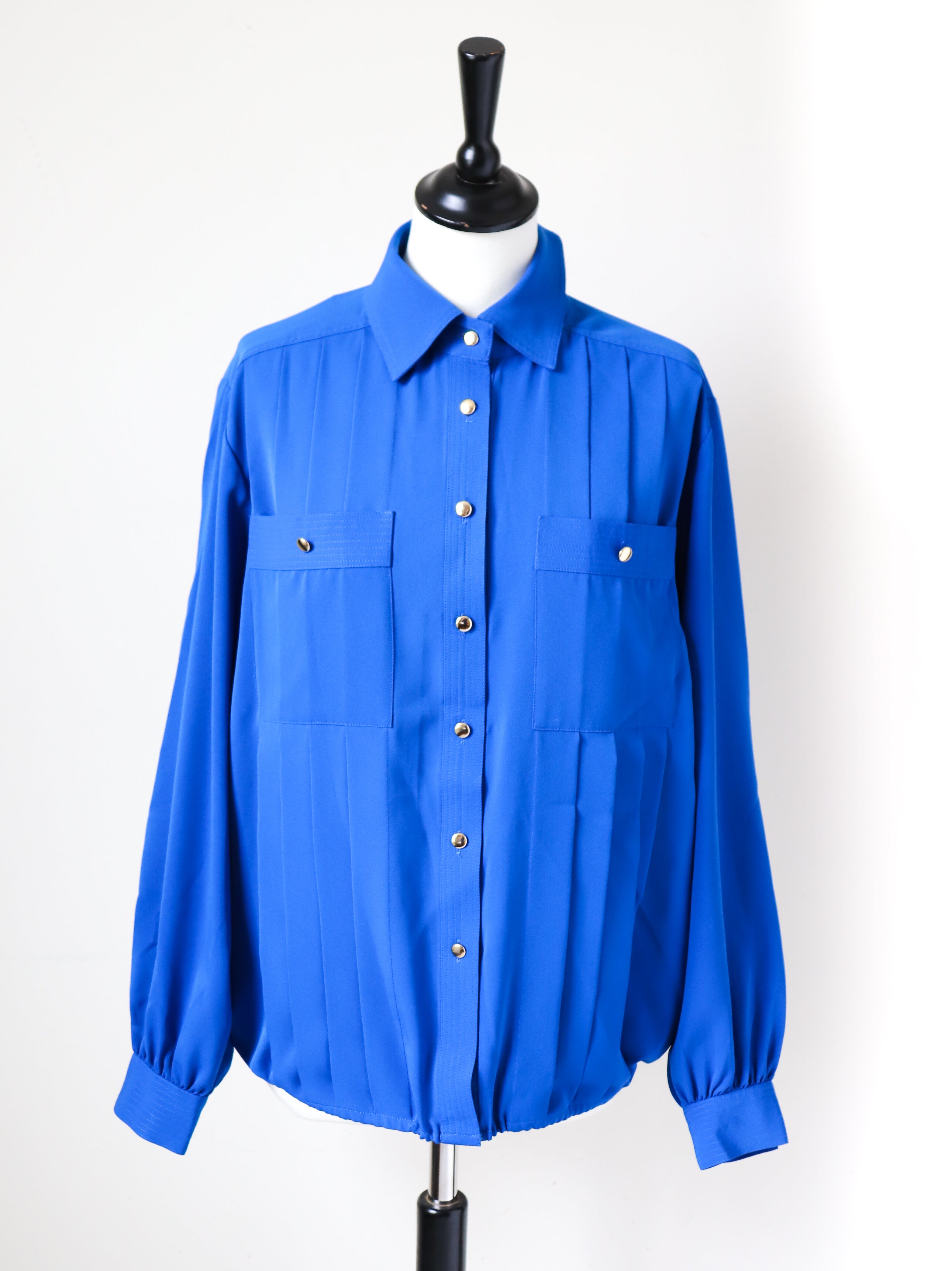 Vintage 1980s Long Sleeve Shirt Blouse - Royal Blue - Elasticated  - L / UK 14