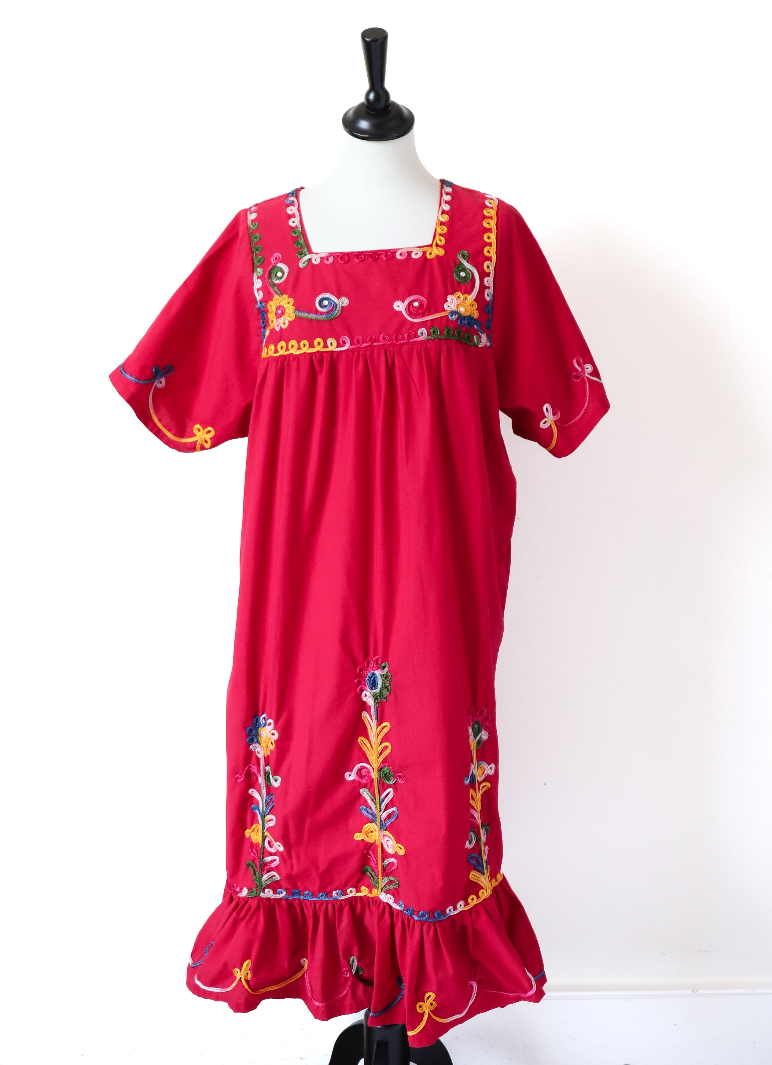 Vintage Mexican Oaxaca Kaftan dress - Red Embroidered  Fit L / 14