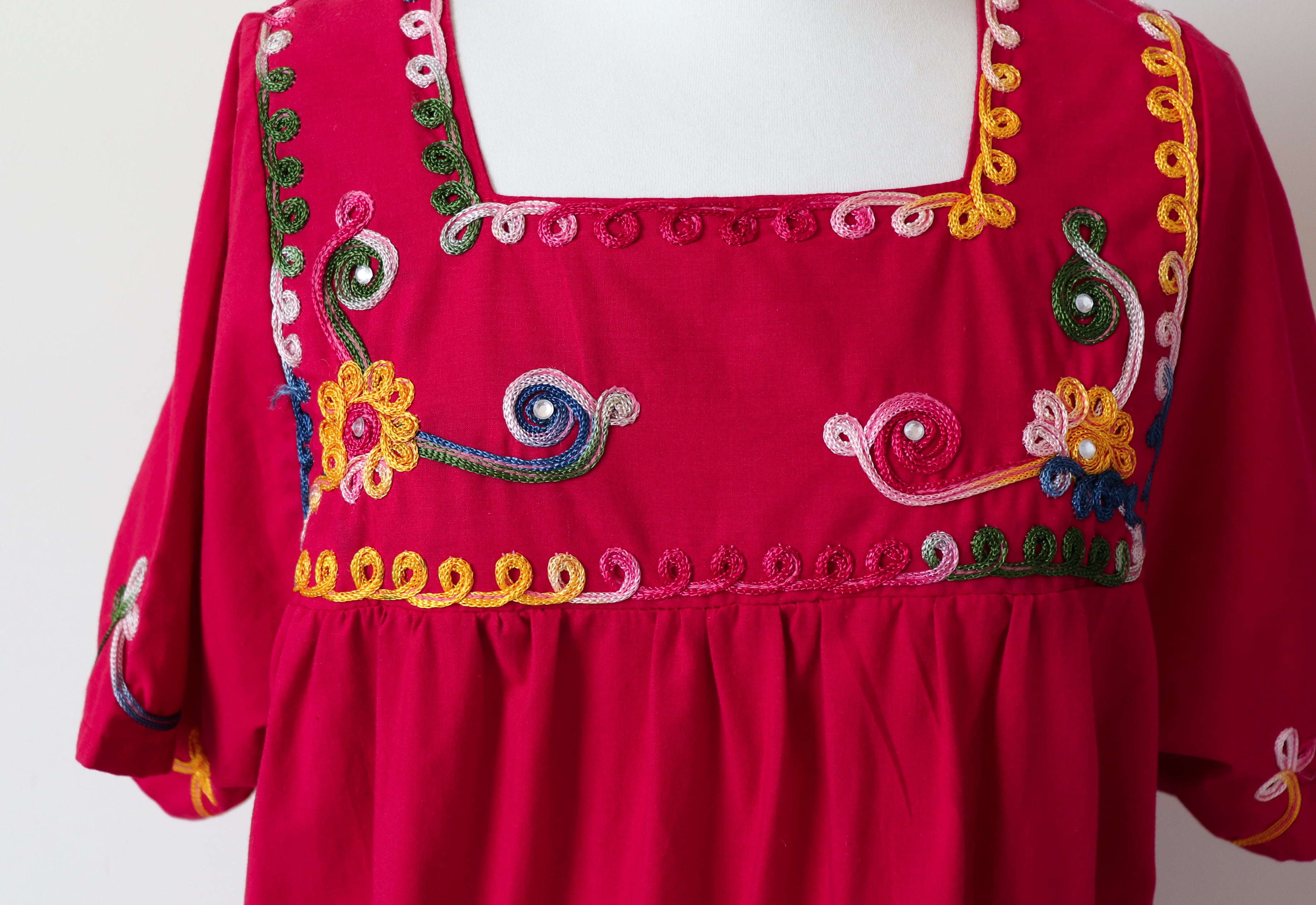 Vintage Mexican Oaxaca Kaftan dress - Red Embroidered  Fit L / 14
