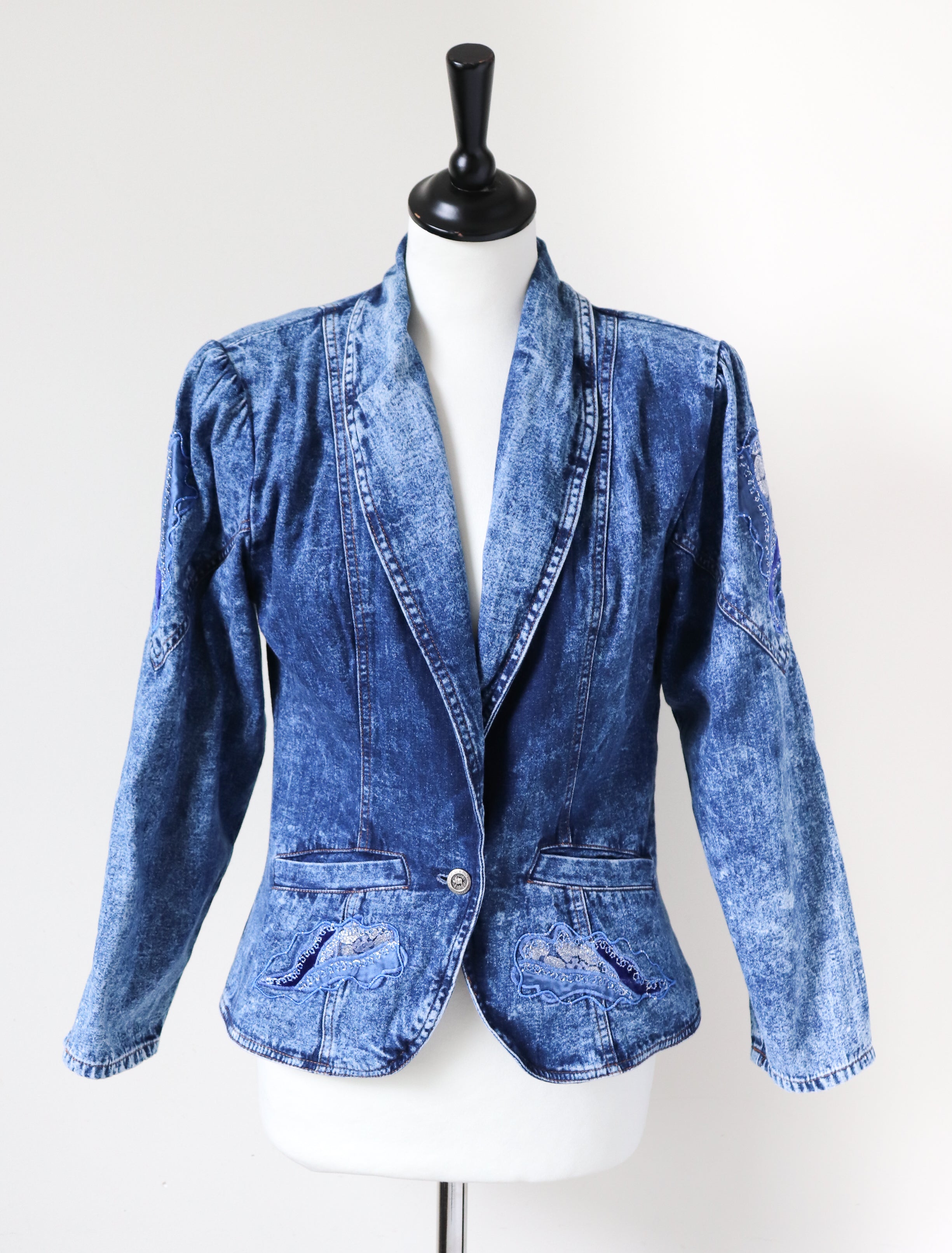Vintage Blue Stonewash Denim Jacket - 1980s Fitted - Cotton - S / UK 10