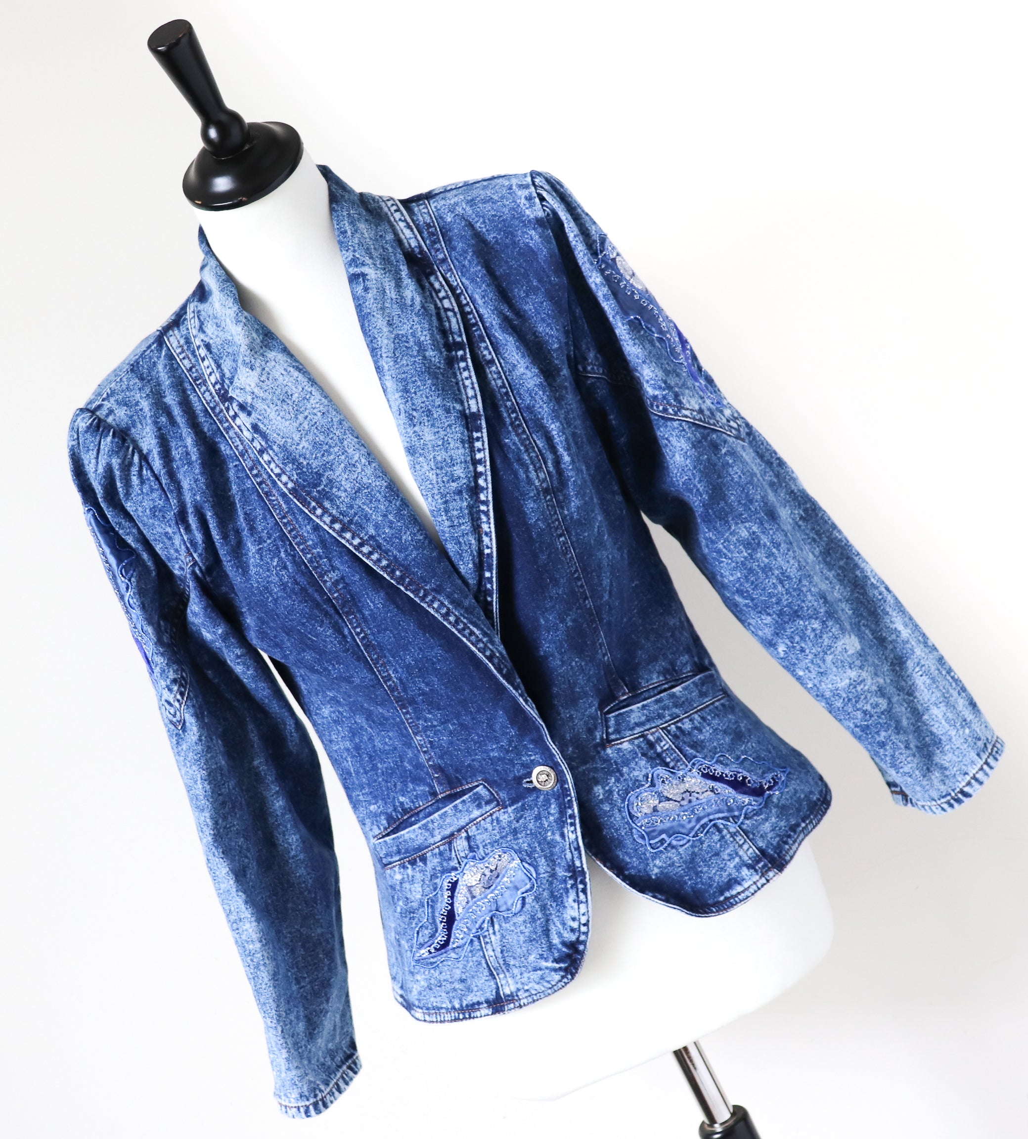 Vintage Blue Stonewash Denim Jacket - 1980s Fitted - Cotton - S / UK 10