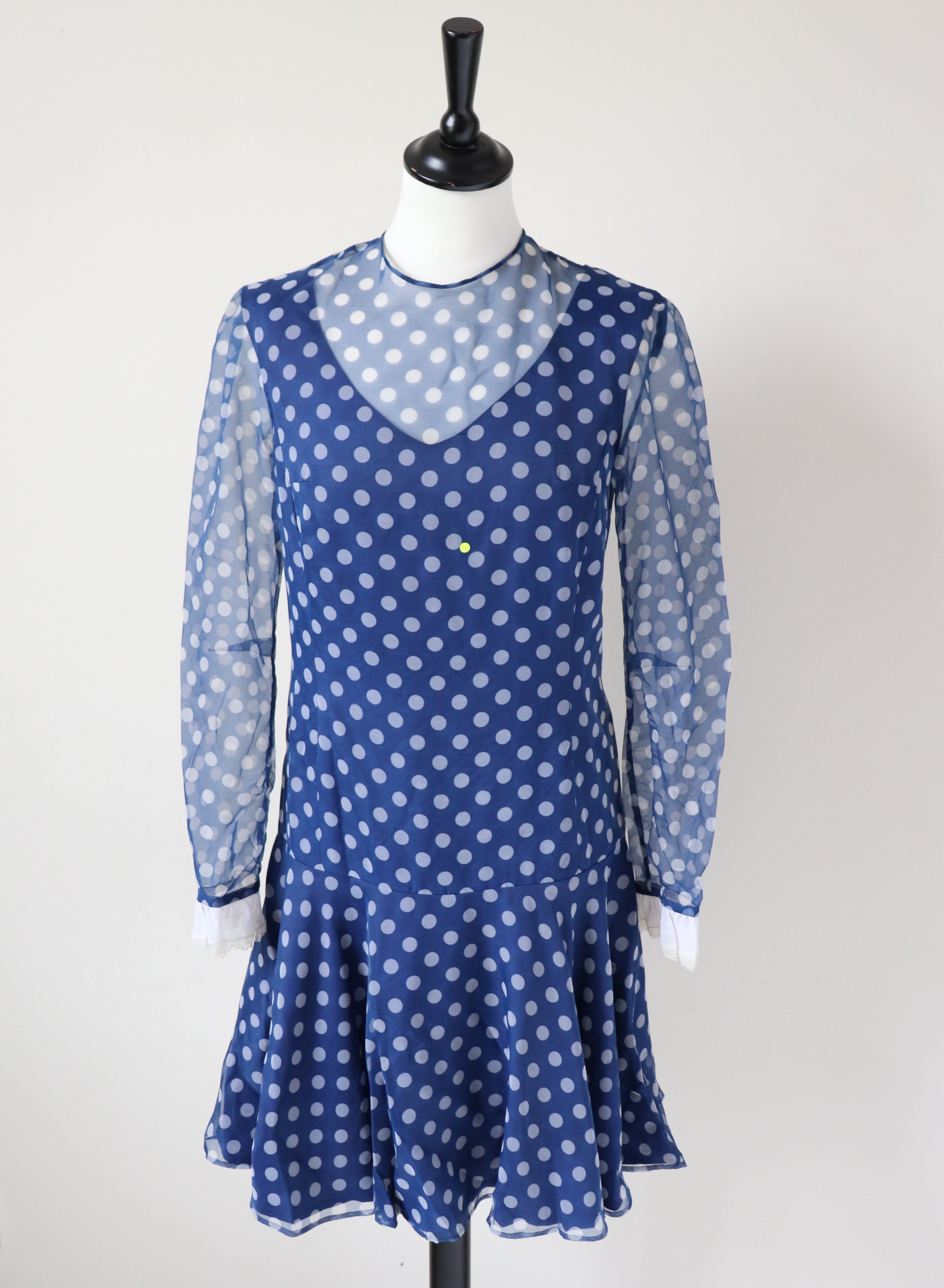 1960s Vintage Mini Dress - Polyester Chiffon Long Sleeves - Spotted - XS / UK 8