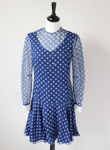 1960s Vintage Mini Dress - Polyester Chiffon Long Sleeves - Spotted - XS / UK 8
