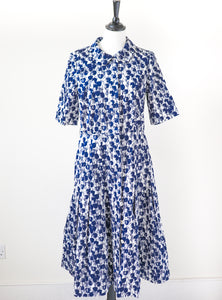Shirt Waister Dress - 1950s Inspired - Blue  White Tulips - S / M - UK 10 / 12