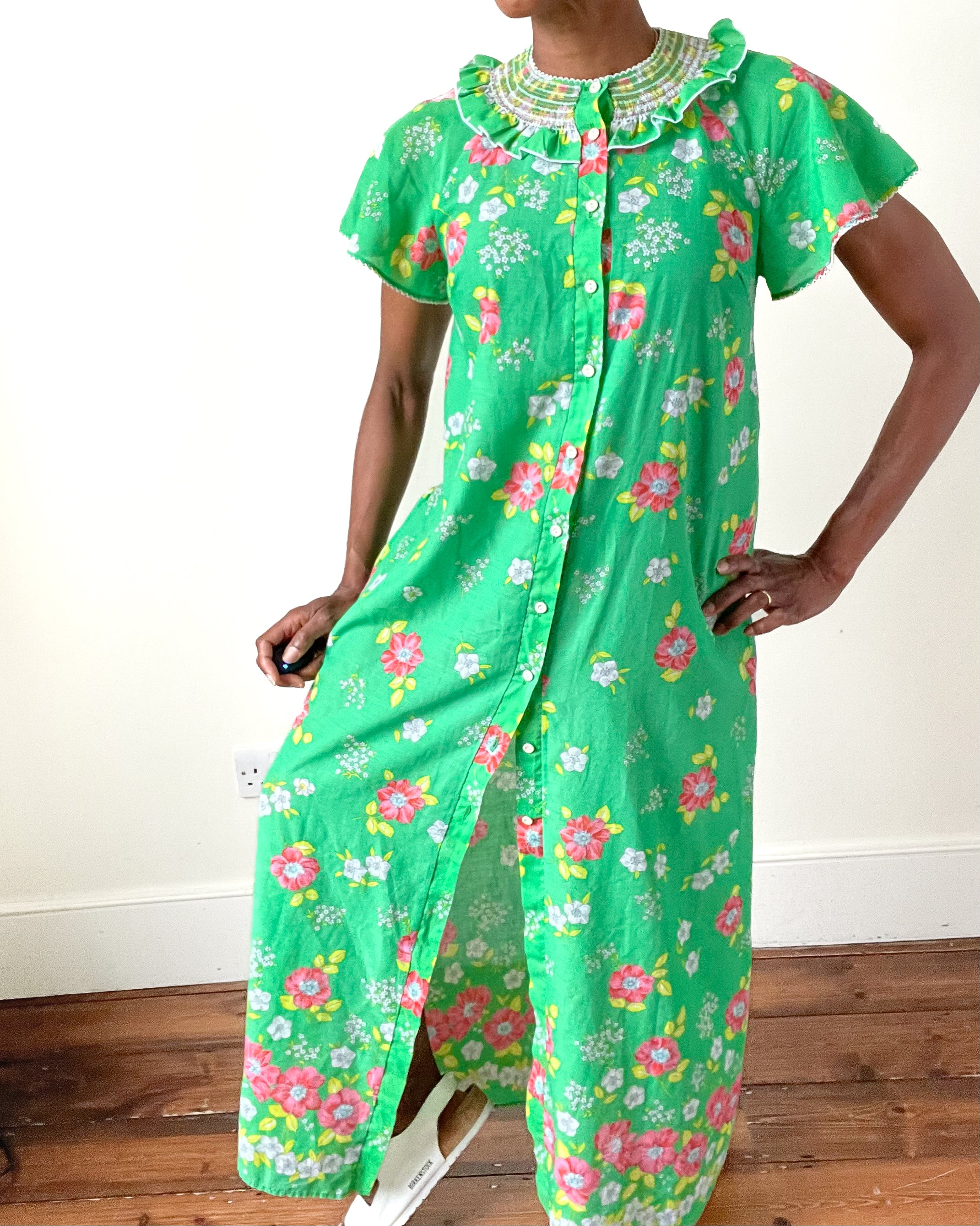 1970s  St Michael Vintage M&S Night Dress - Green Floral - Fit  M / UK 12