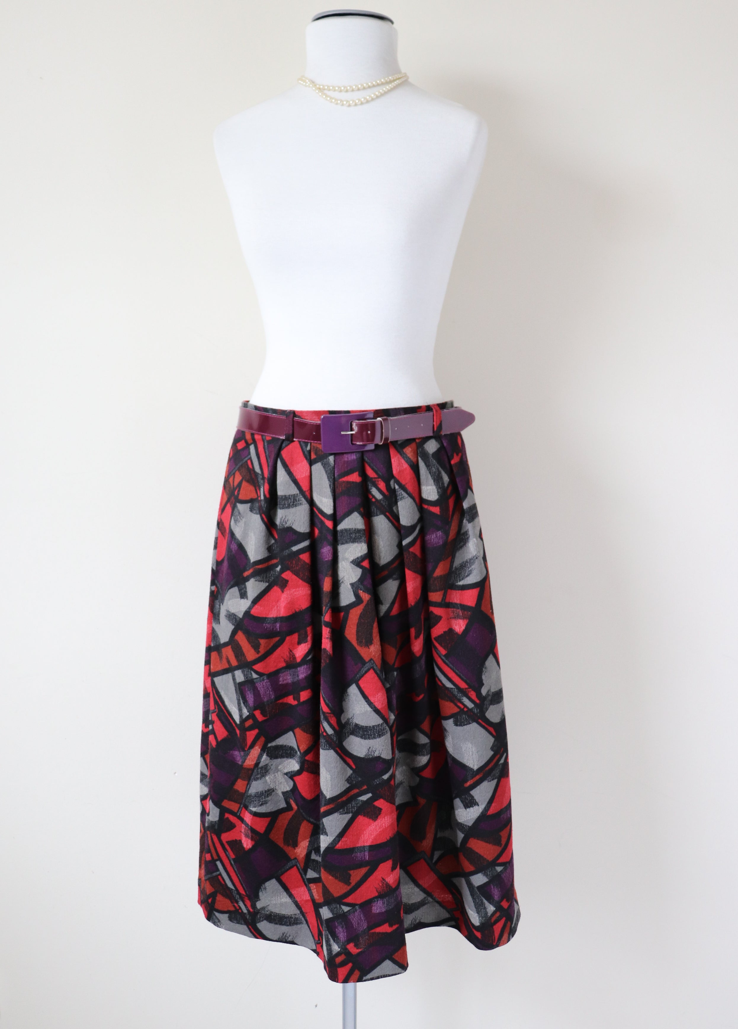 Cubist Art Patterned Vintage Belted Skirt - Multicolours - 1980s - M /  UK 12