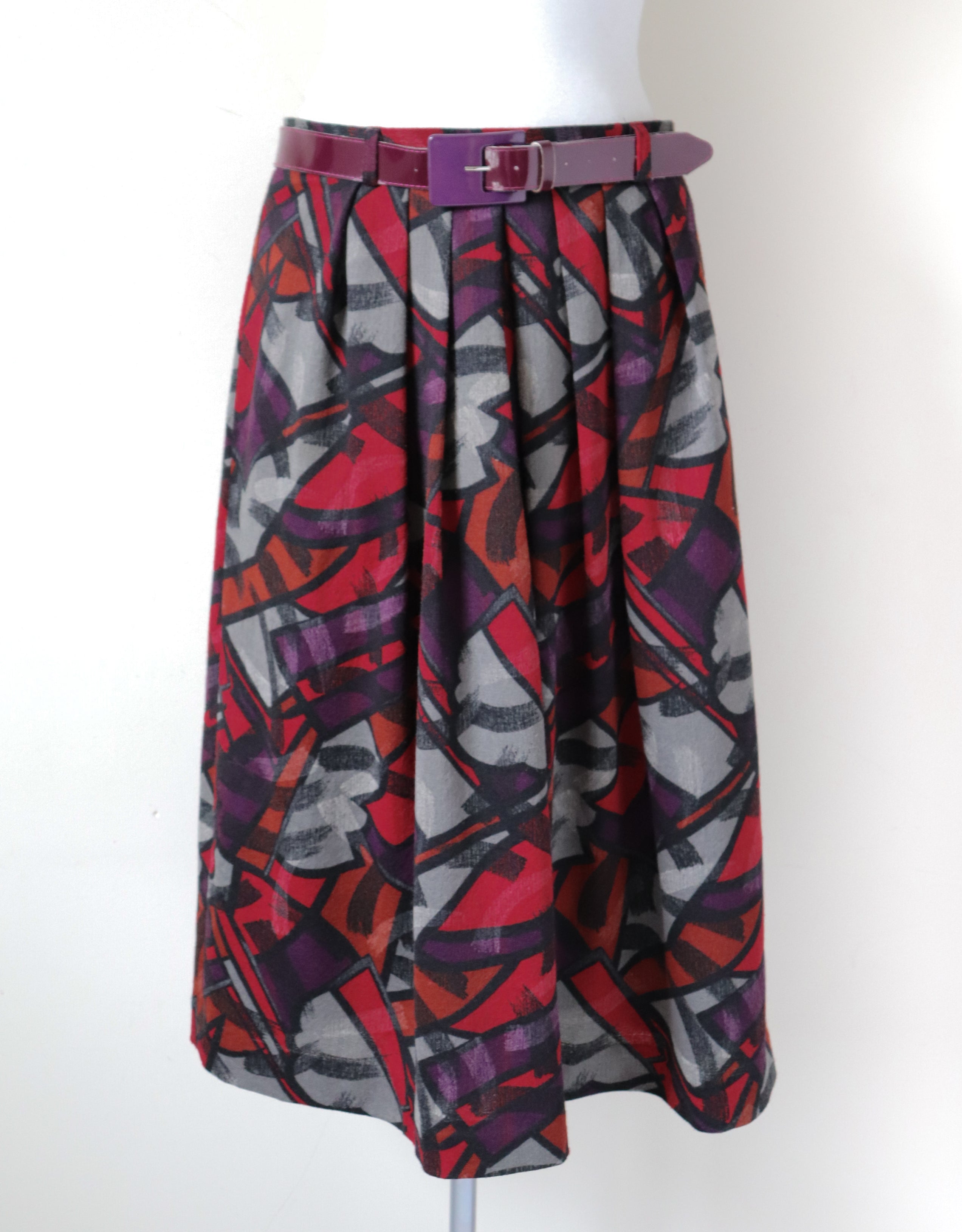 Cubist Art Patterned Vintage Belted Skirt - Multicolours - 1980s - M /  UK 12