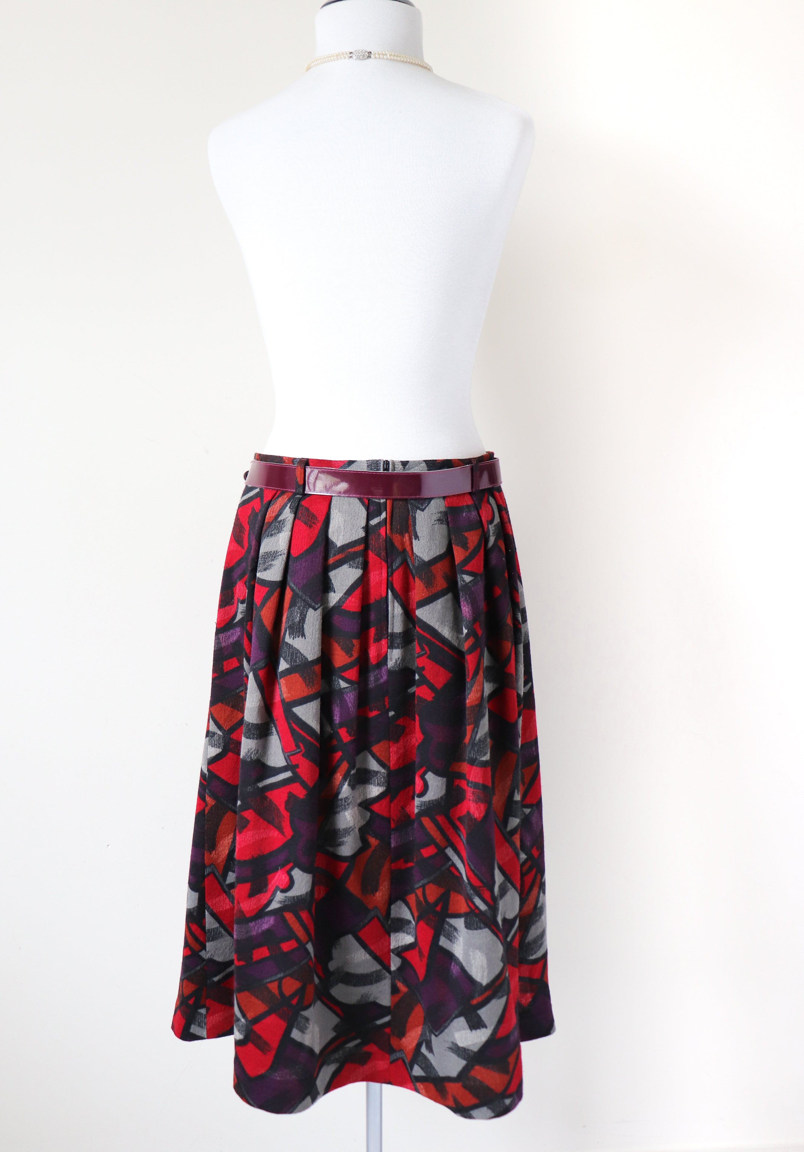 Cubist Art Patterned Vintage Belted Skirt - Multicolours - 1980s - M /  UK 12
