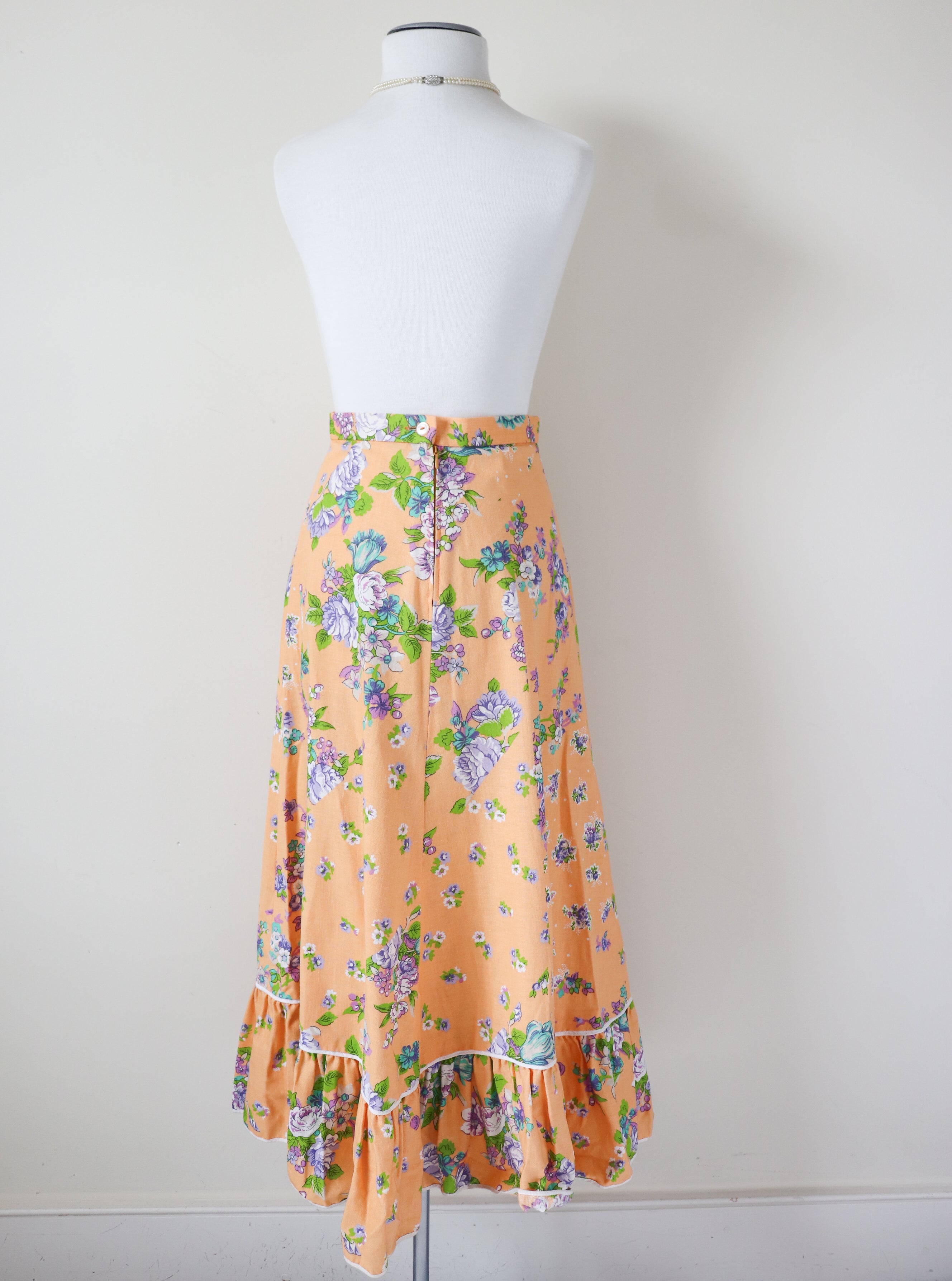 Vintage Maxi Praire Skirt - 1970s - Peach Orange Floral Cotton - XXS / UK 6