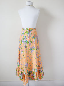 Vintage Maxi Praire Skirt - 1970s - Peach Orange Floral Cotton - XXS / UK 6