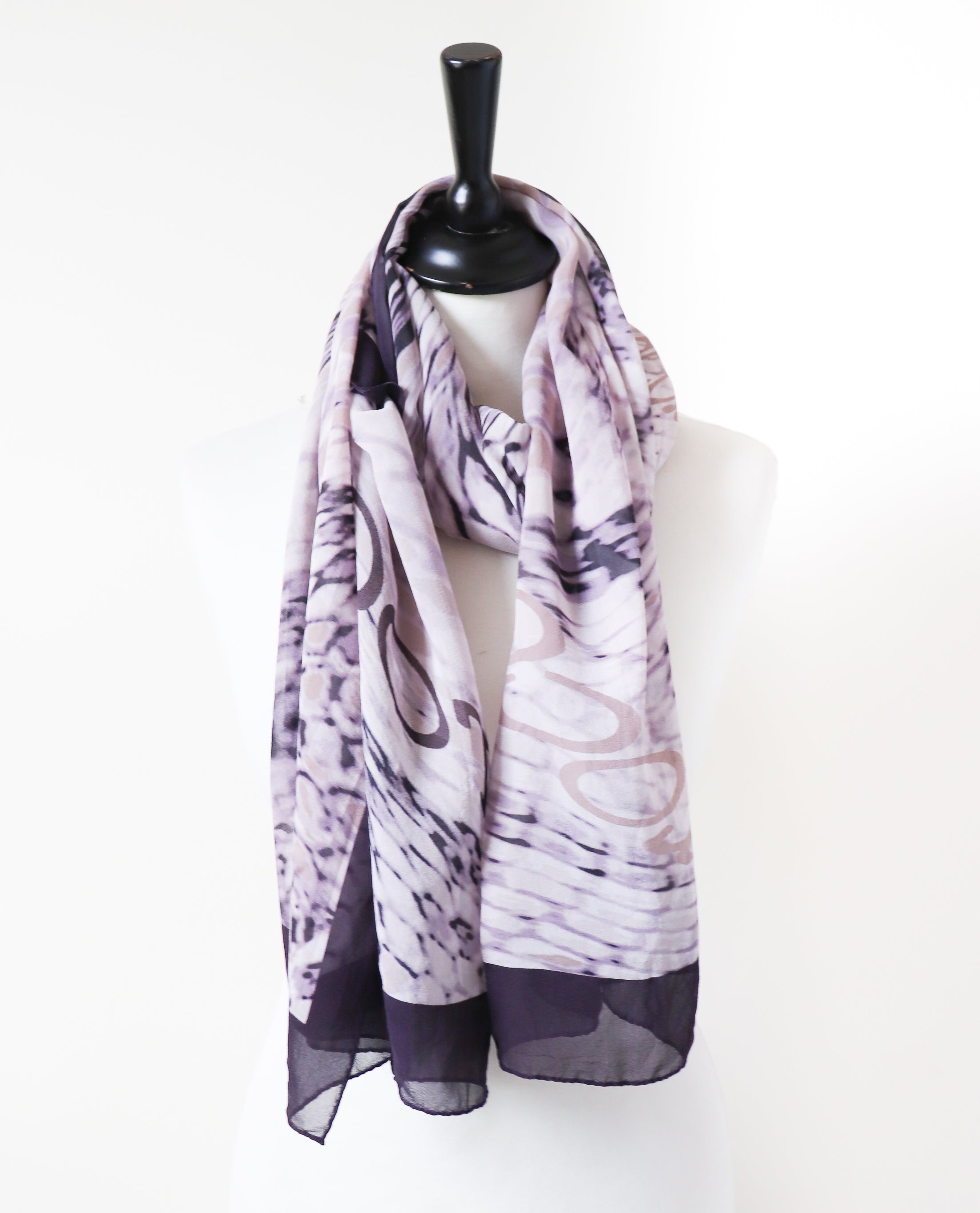 Roccobarocco Chiffon Silk Scarf - Animal Print - Dark Damson Purple  -  Long