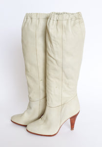 Cream Leather  1980s  Long Boots  - ABBA Vintage - Fit UK 6.5 / 39.5