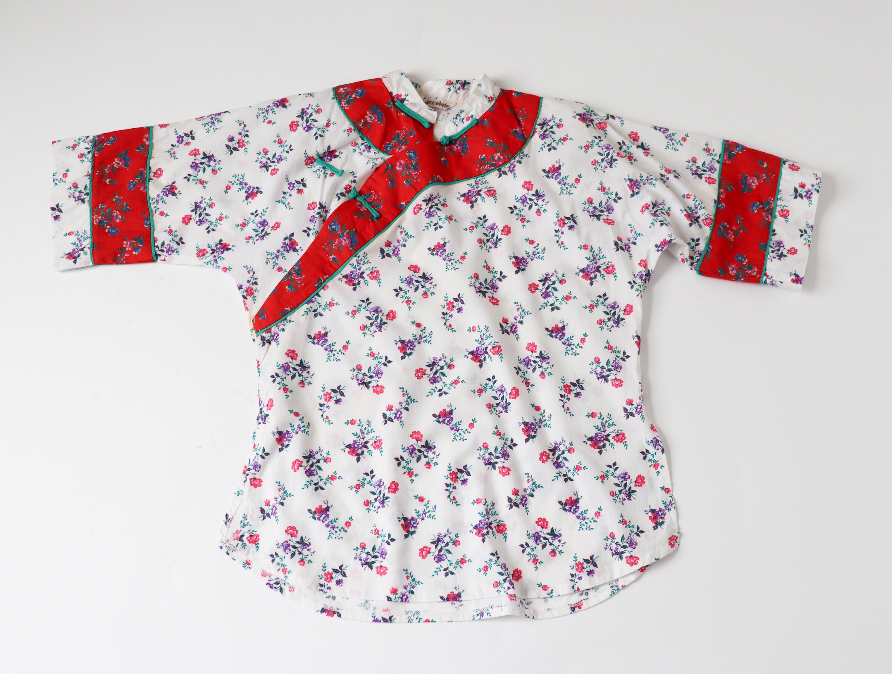 Cotton Cheongsam Blouse / Kimono - Short Sleeves  - Chocolate - Fit M / UK 12
