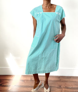 Vintage Loose Cotton  Dress - Green Striped - Fit XL / UK 16