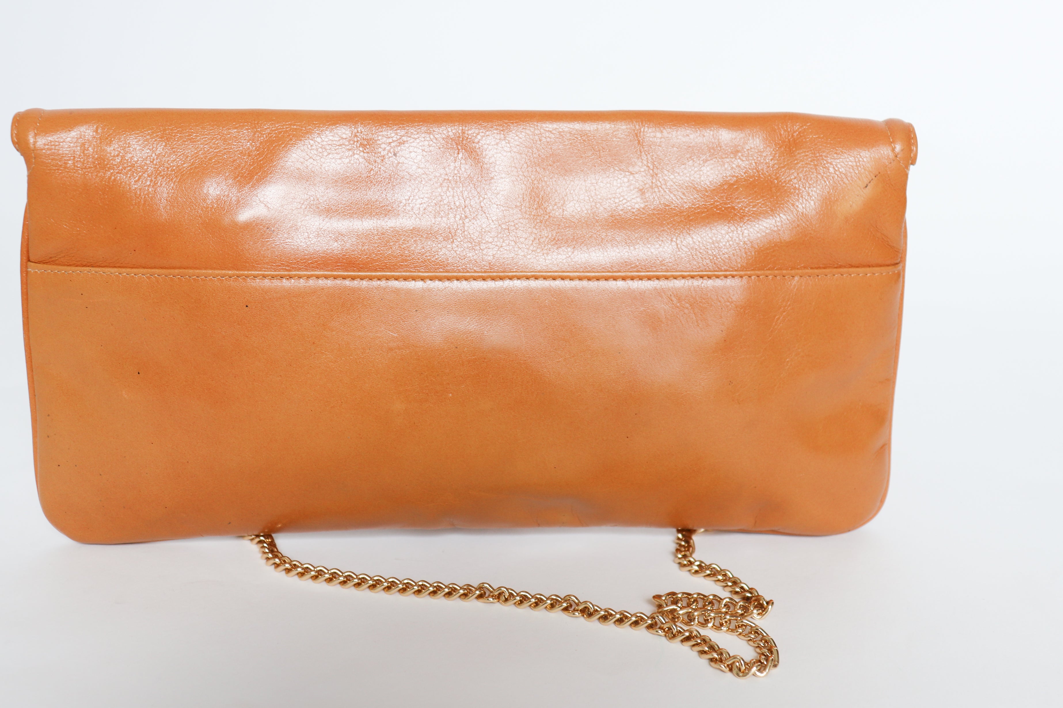 Vintage Clutch Bag - Chain Strap - Faux Leather - Caramel Tan Brown 1980s