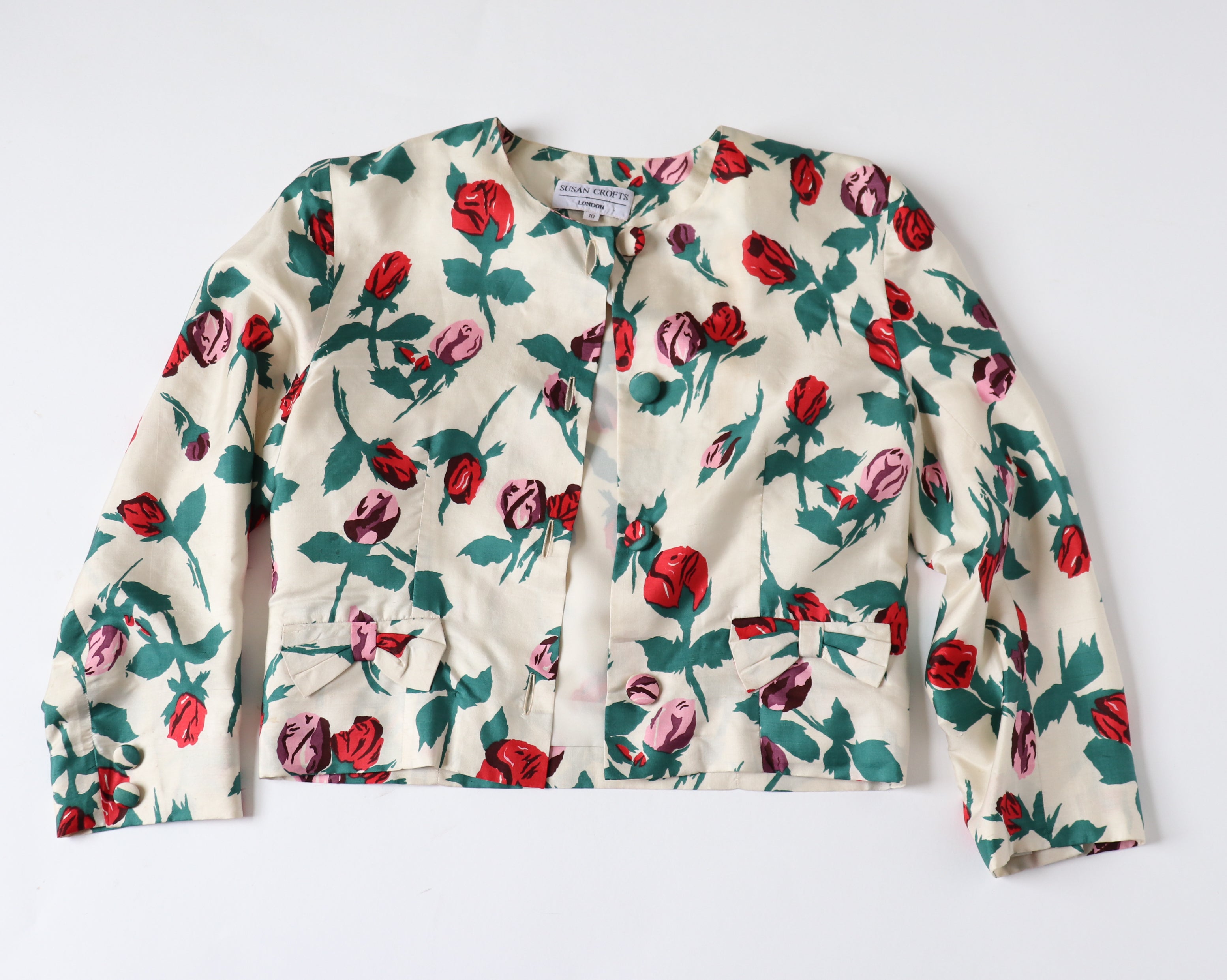 Susan Crofts Silk Jacket - Schiaparelli Style Roses Print -Vintage - S / UK 10