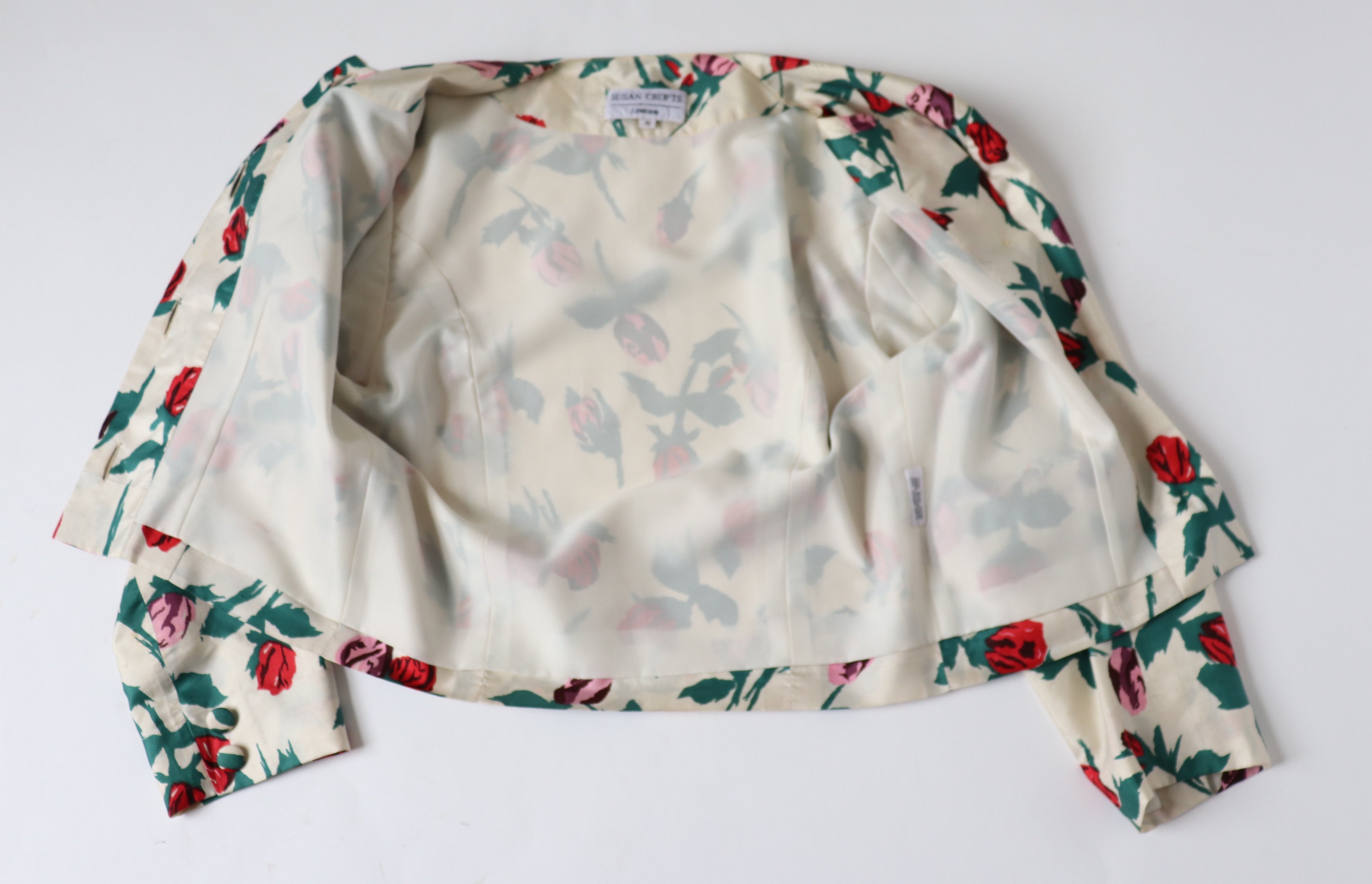Susan Crofts Silk Jacket - Schiaparelli Style Roses Print -Vintage - S / UK 10
