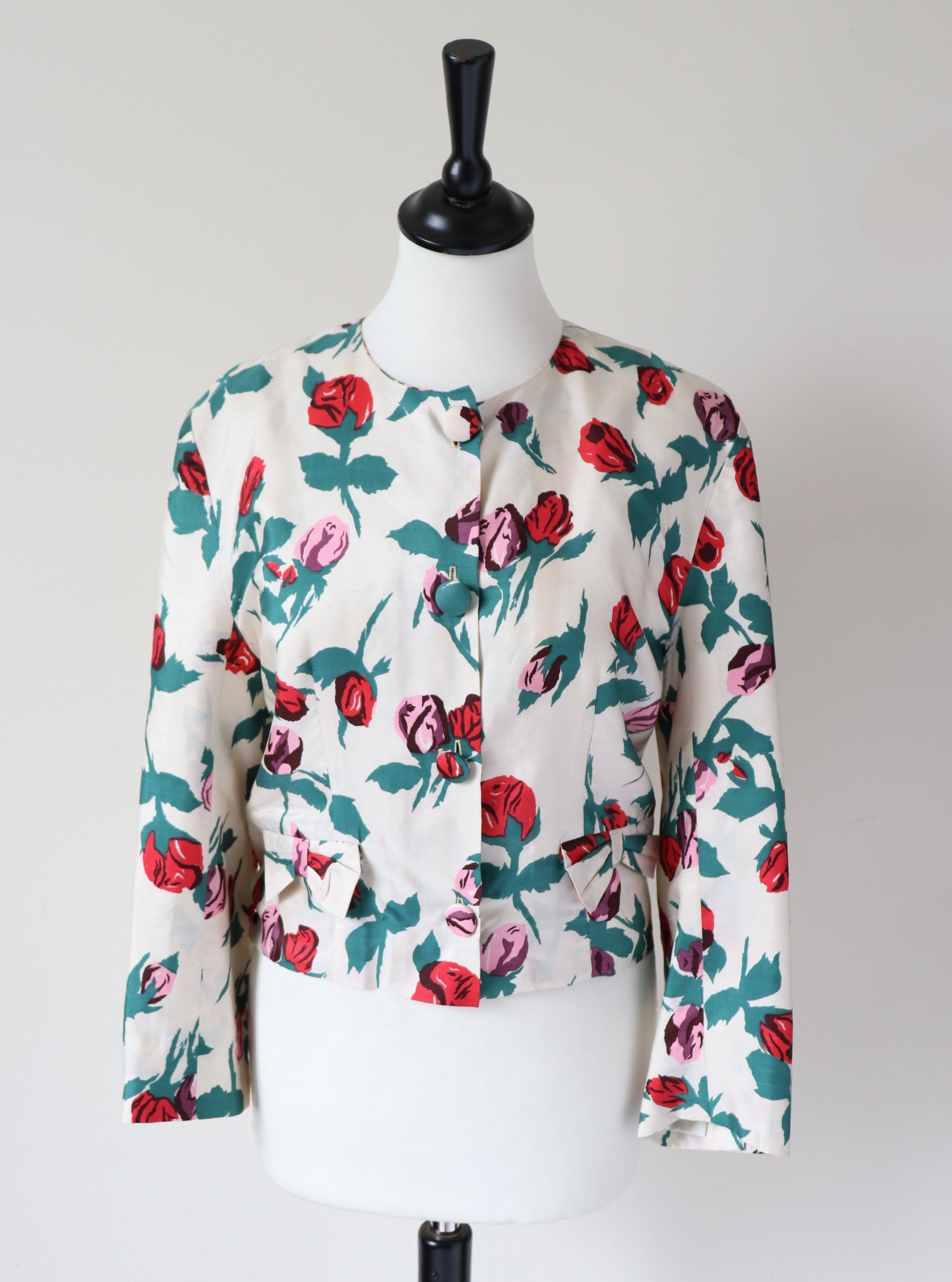 Susan Crofts Silk Jacket - Schiaparelli Style Roses Print -Vintage - S / UK 10