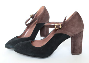 Mary-Jane Shoes - Block Heel - Black / Brown Suede - GUJA - UK 4 / 37