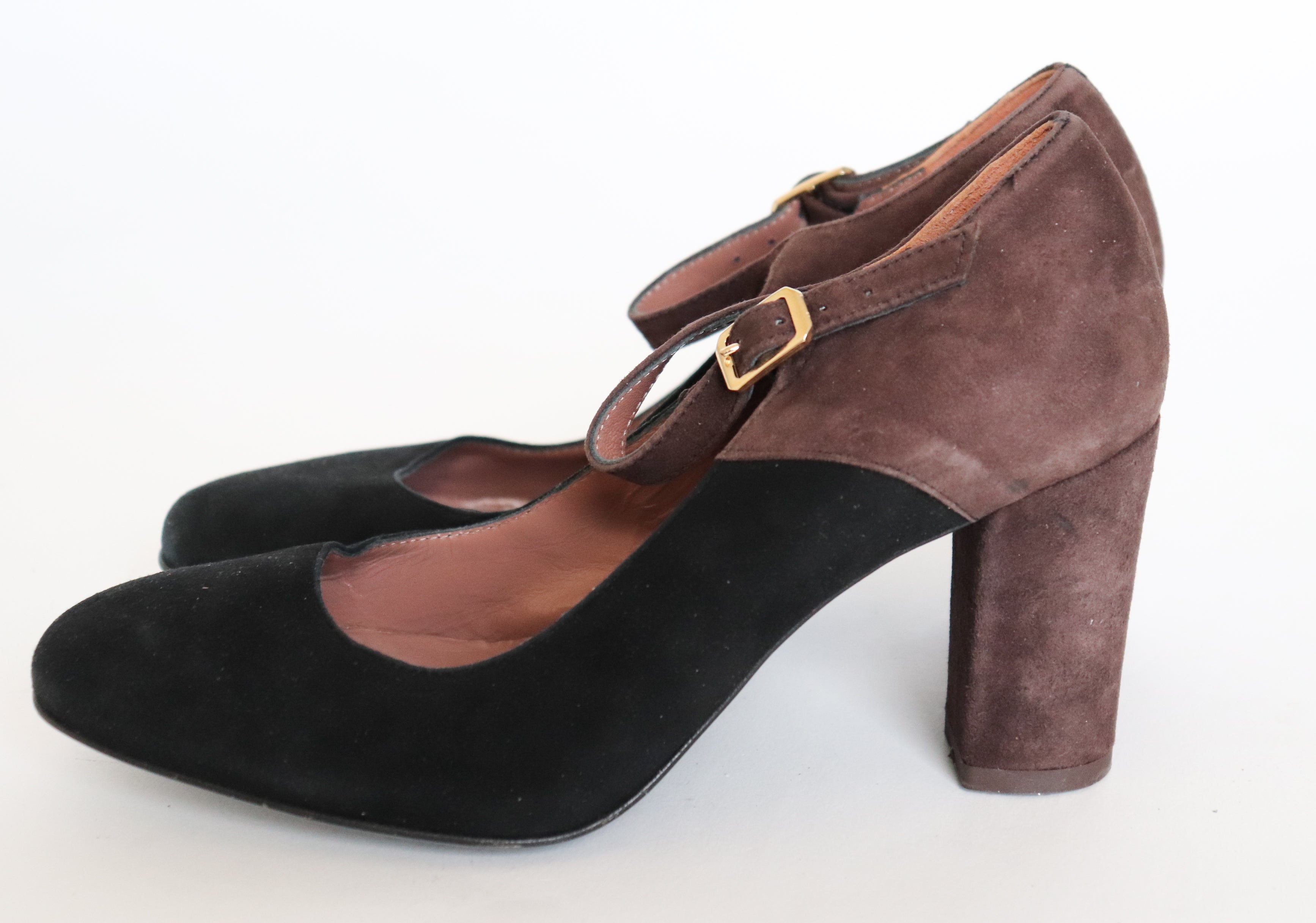 Mary-Jane Shoes - Block Heel - Black / Brown Suede - GUJA - UK 4 / 37