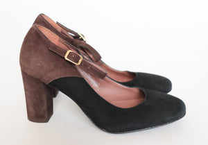 Mary-Jane Shoes - Block Heel - Black / Brown Suede - GUJA - UK 4 / 37