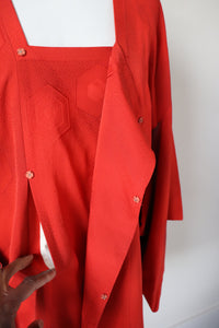 Red 100% Silk Japanese Haori Kimono - Double Breasted - Fit  L  - UK 14