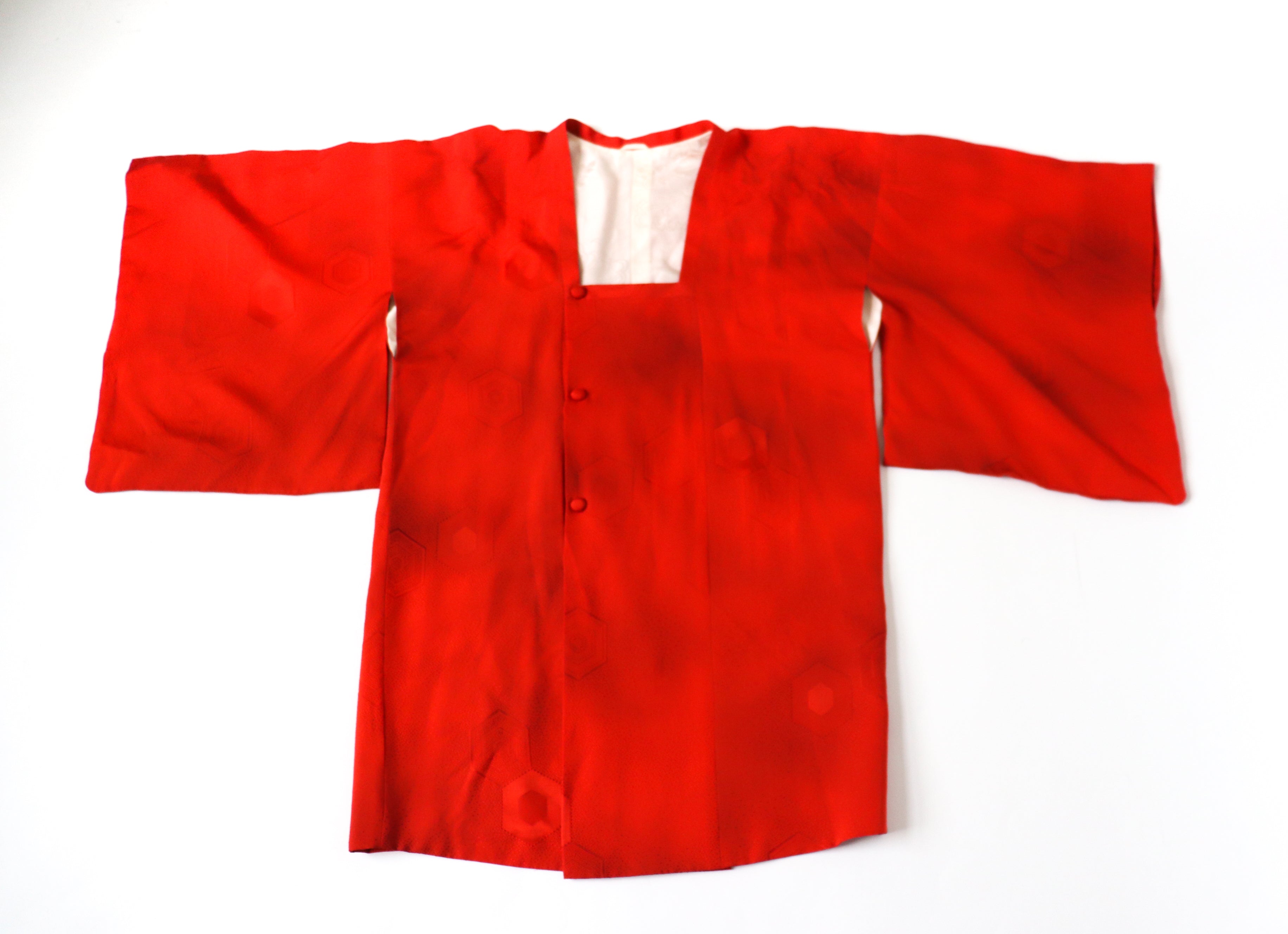 Red 100% Silk Japanese Haori Kimono - Double Breasted - Fit  L  - UK 14