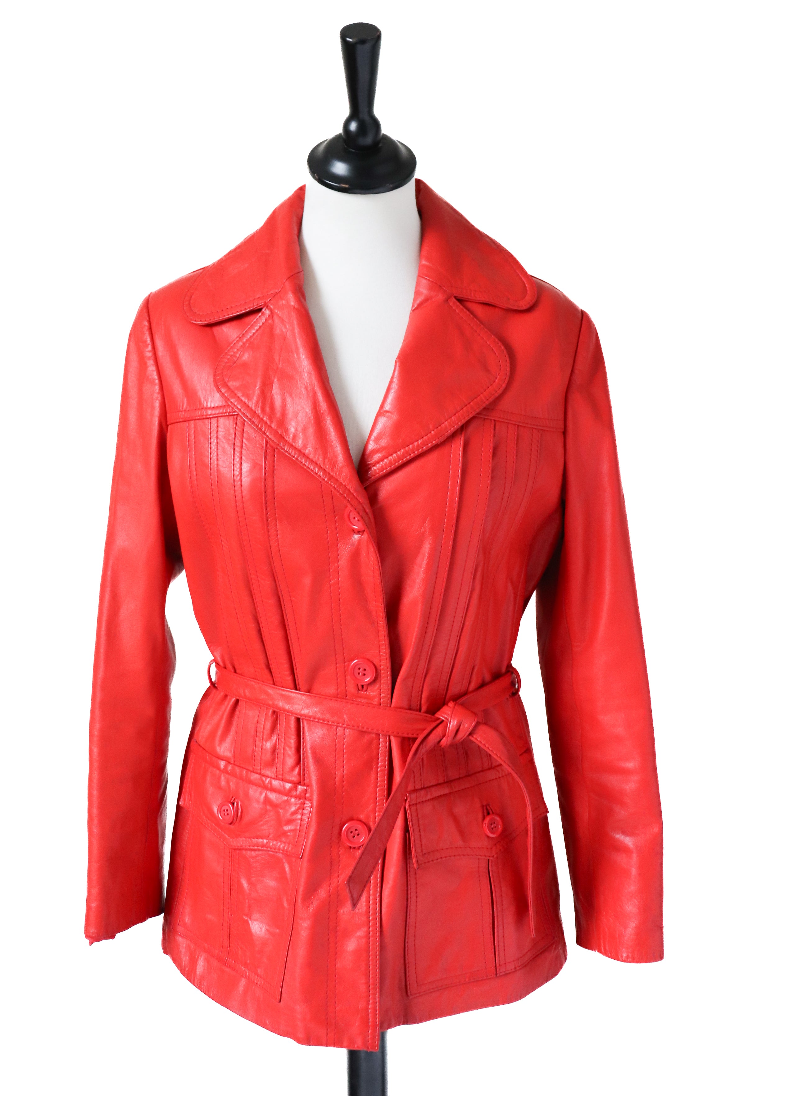 Red Leather 1970s Belted Jacket - Vintage - Fit S / UK 10