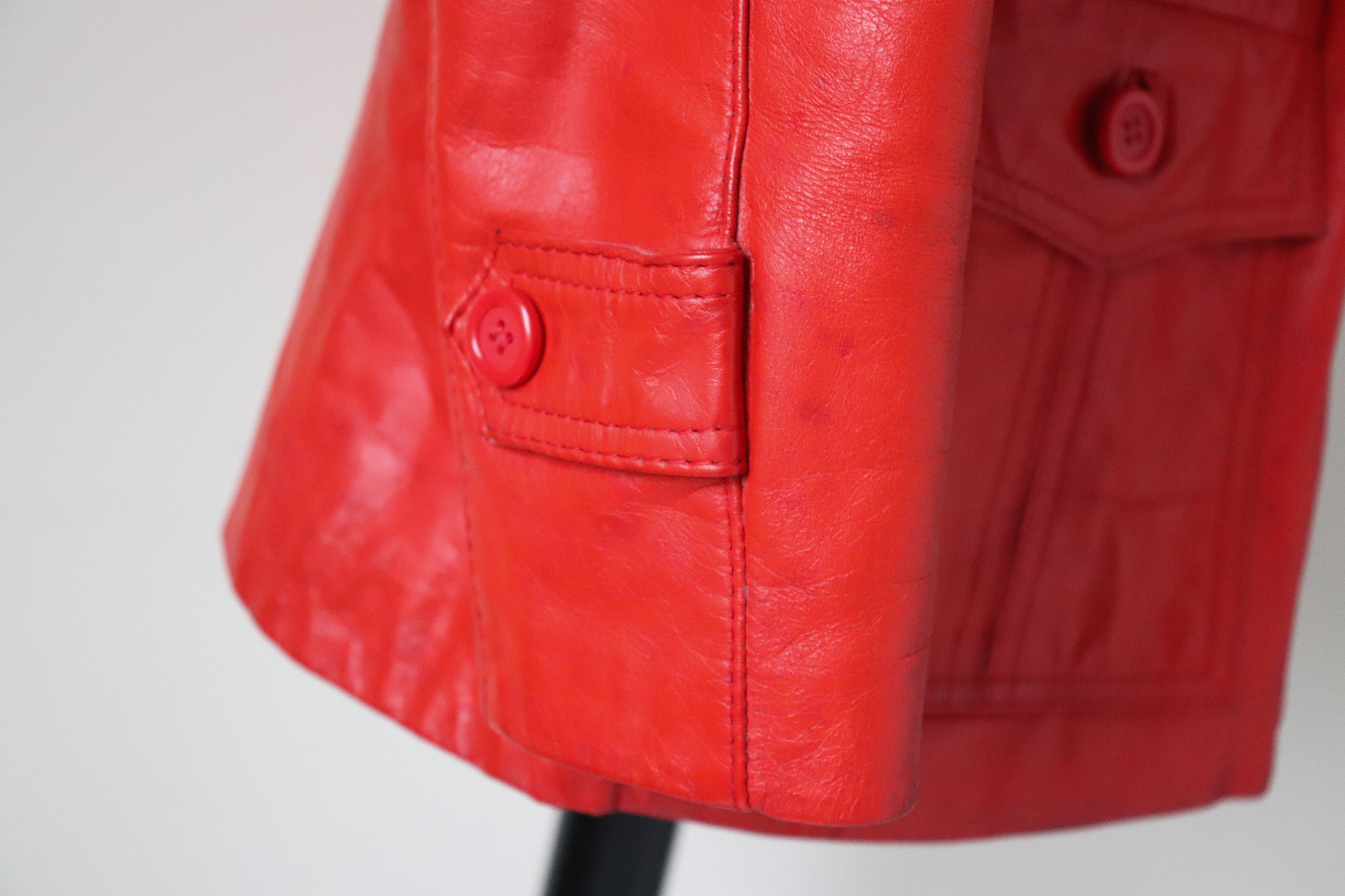 Red Leather 1970s Belted Jacket - Vintage - Fit S / UK 10
