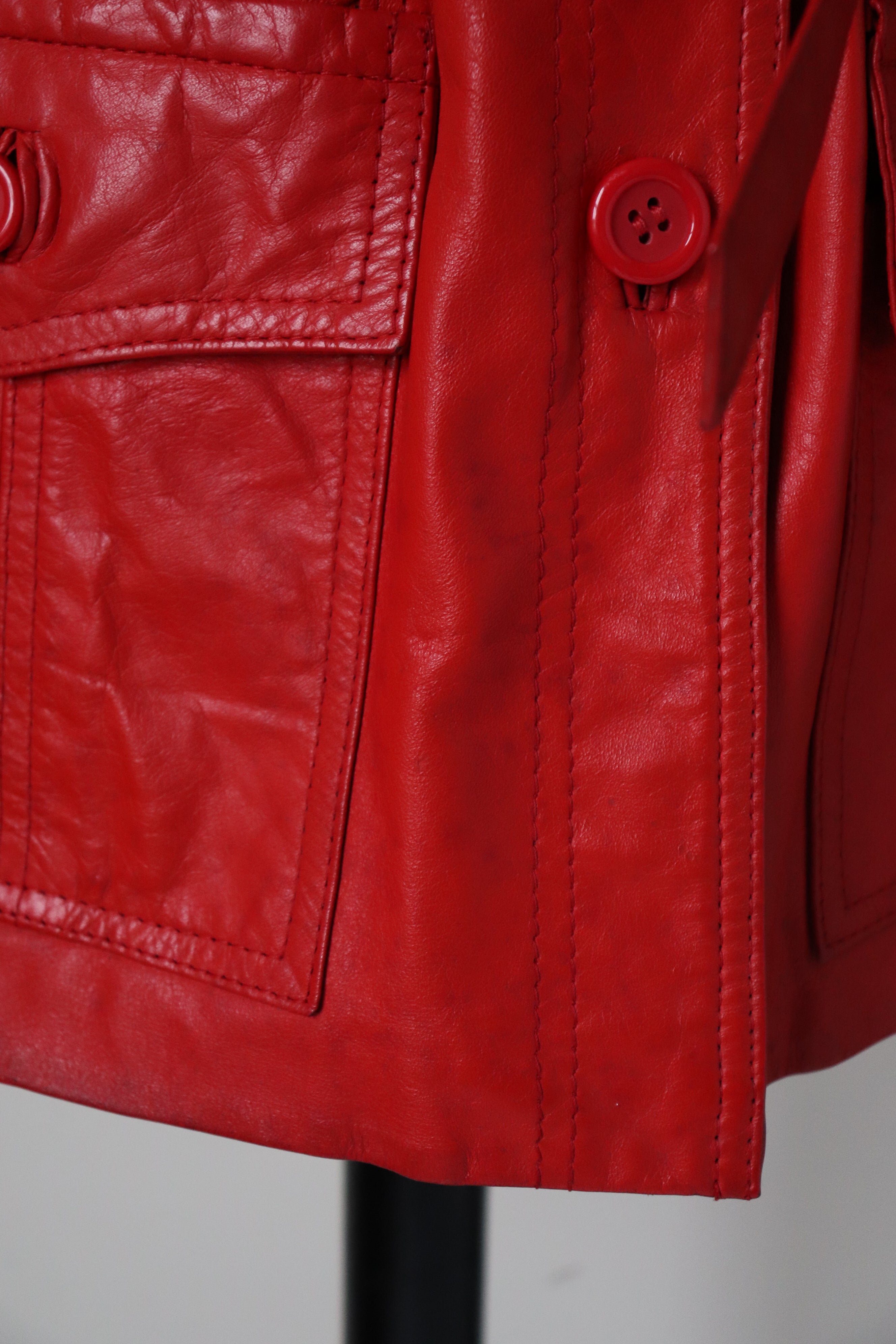 Red Leather 1970s Belted Jacket - Vintage - Fit S / UK 10